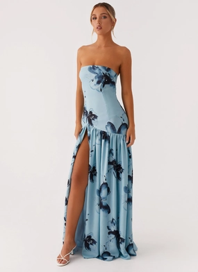 Eden Strapless Maxi Dress - Blue Black Floral Fine Garments Cool Look Travel Edge Eden Strapless Maxi Dress - Blue Black Floral