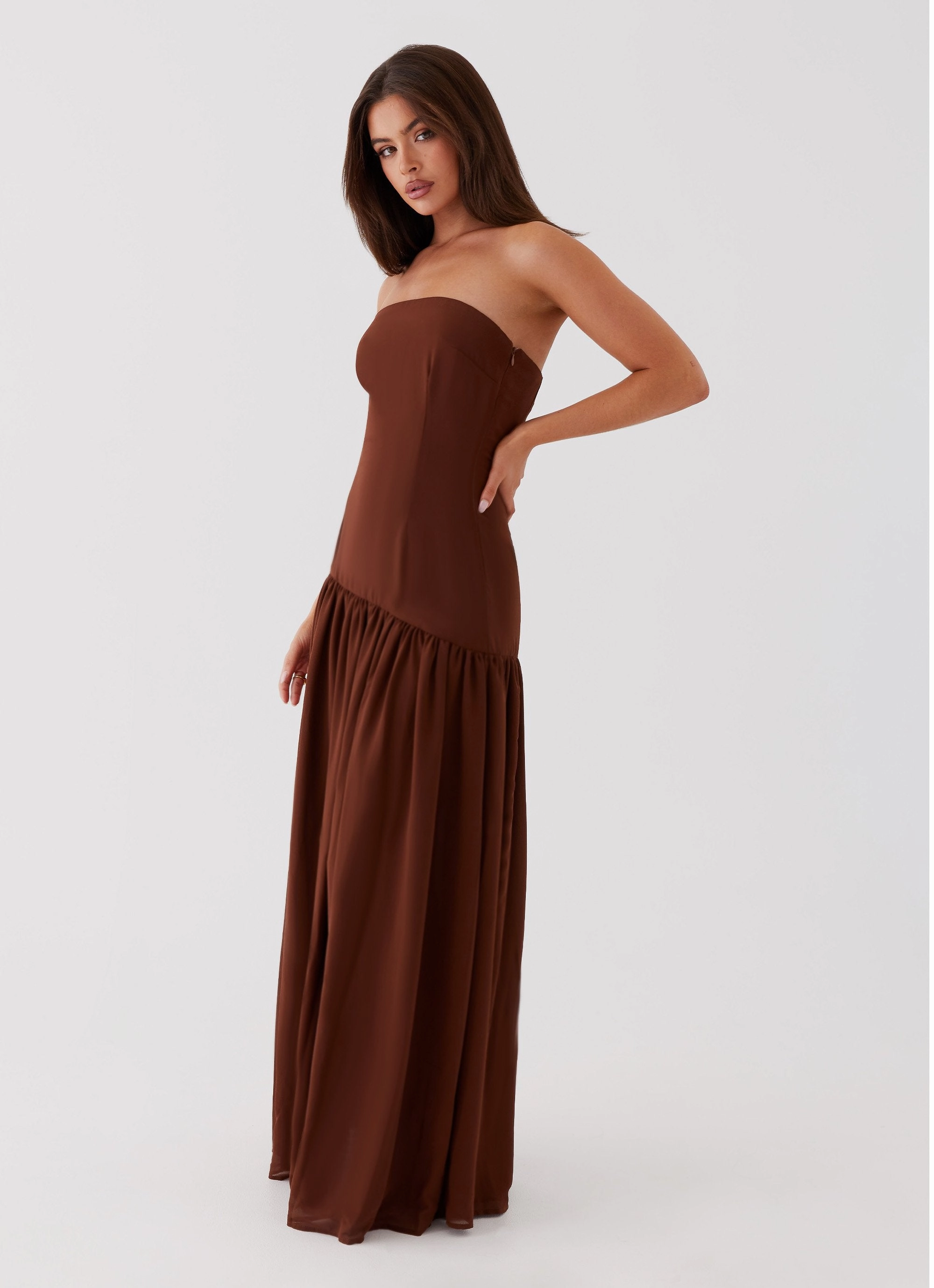Eden Strapless Maxi Dress - Brown Luxe Fabric