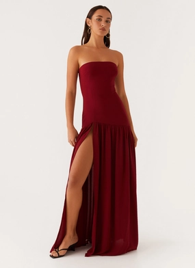 Eden Strapless Maxi Dress - Maroon Formal Style Airy Silk Eden Strapless Maxi Dress - Maroon