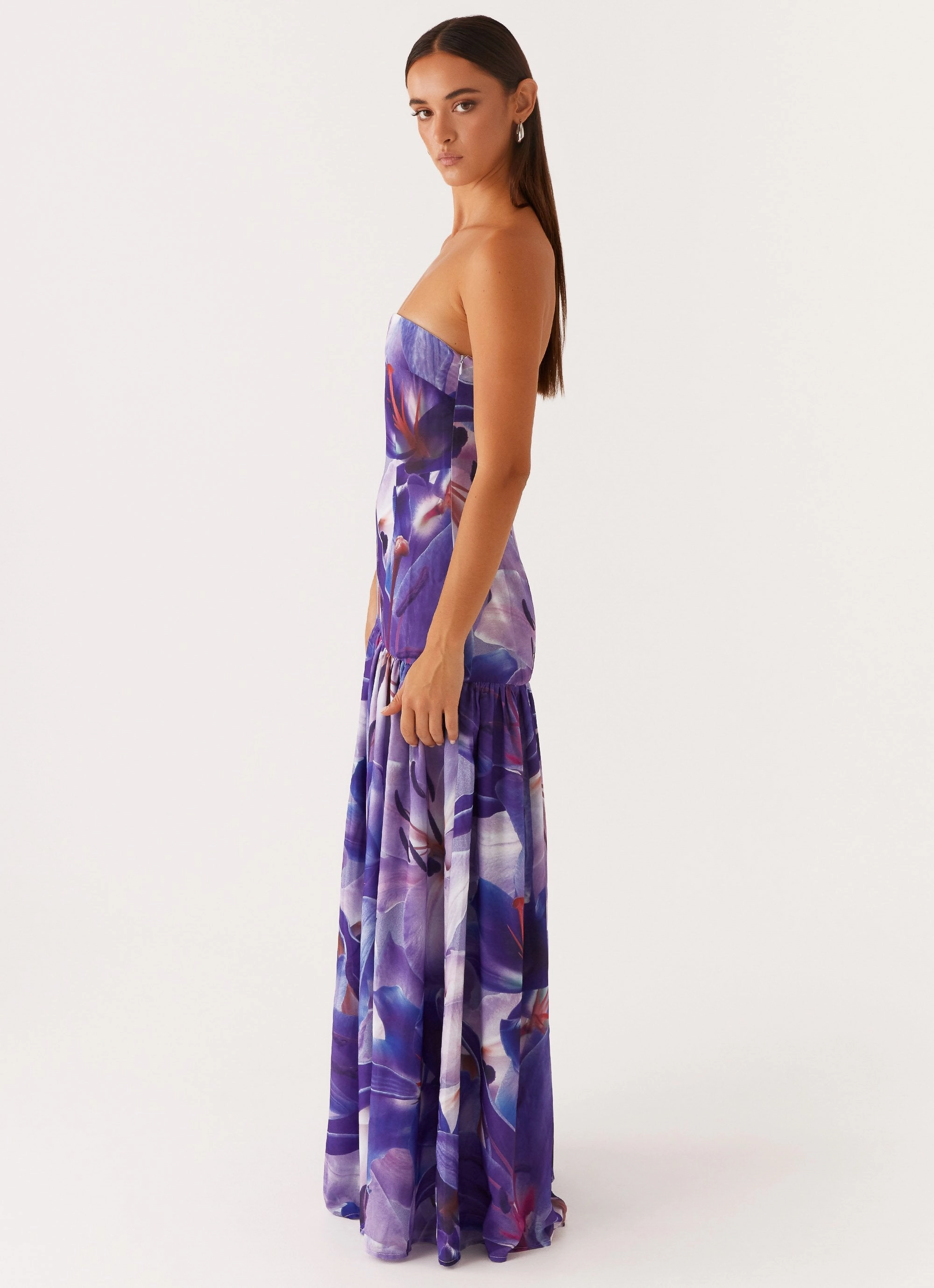 Eden Strapless Maxi Dress - Purple White Lilly Sleek Draping