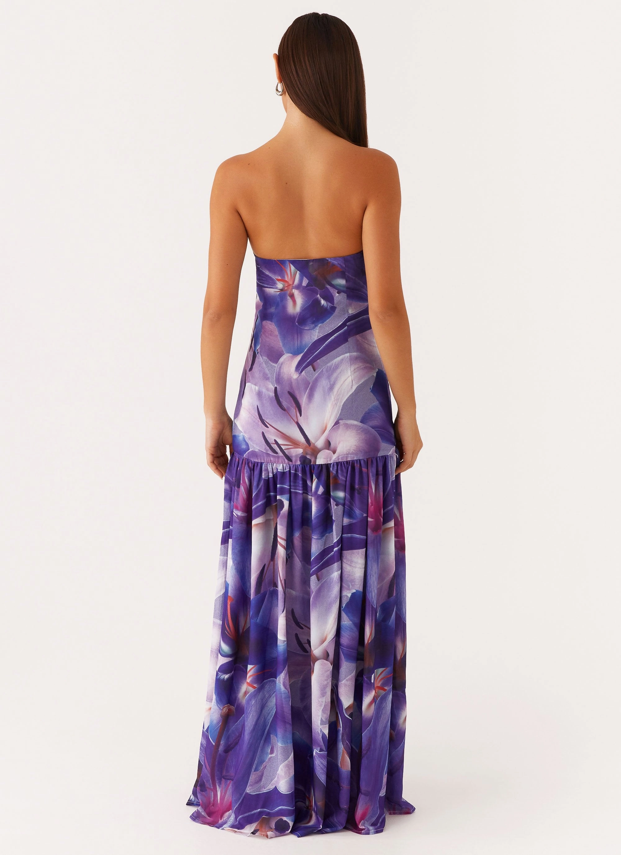 Eden Strapless Maxi Dress - Purple White Lilly Silky Form Minimal Details