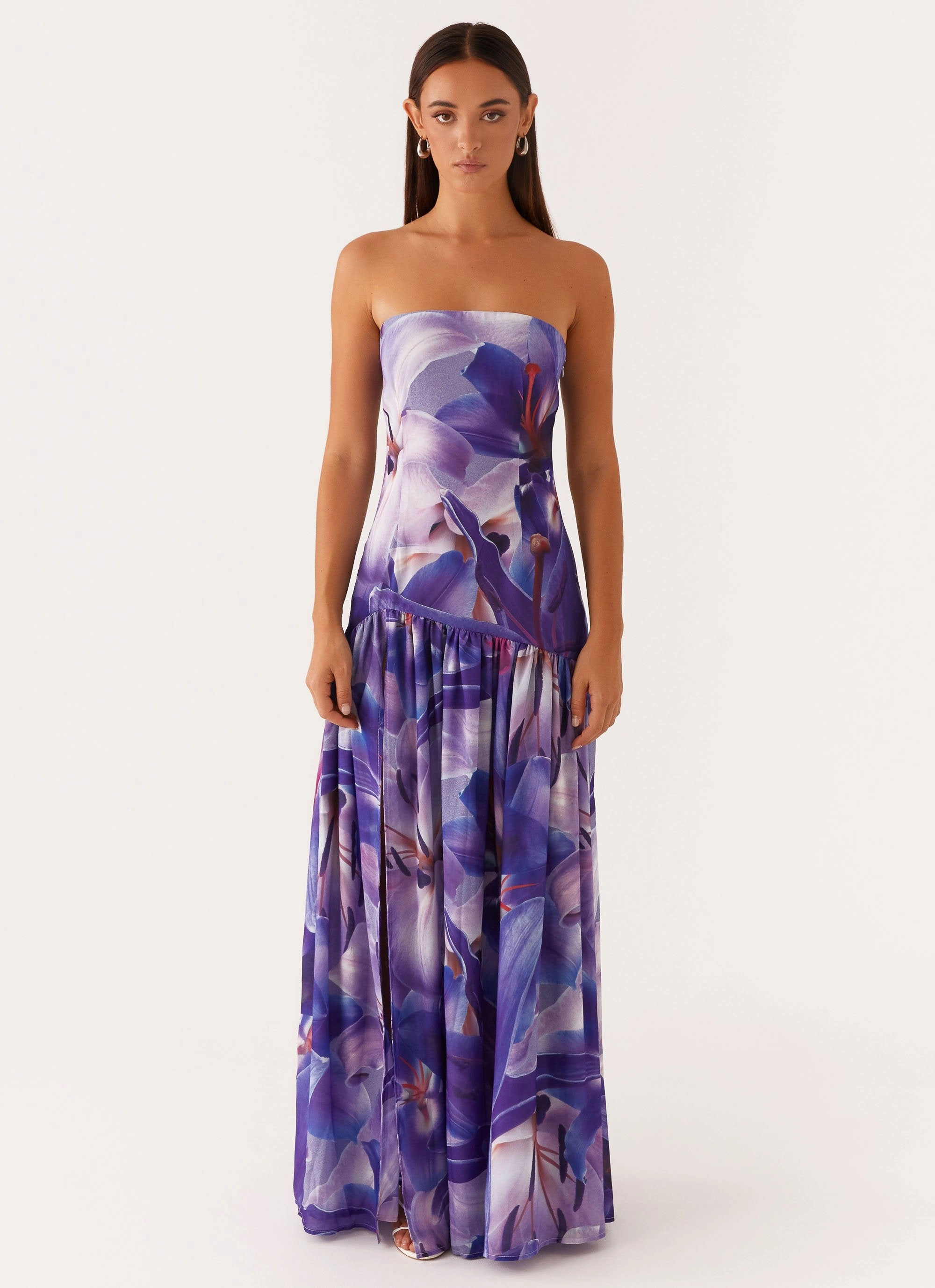 Eden Strapless Maxi Dress - Purple White Lilly Minimalist Look