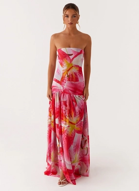 Eden Strapless Maxi Dress - White Pink Lilly Cap sleeves Side Tie Eden Strapless Maxi Dress - White Pink Lilly