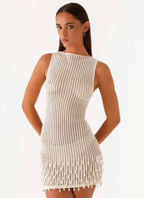 Editor Pick Miracle Beaded Crochet Mini Dress - Ivory Miracle Beaded Crochet Mini Dress - Ivory Clasp-Closure Day Ready