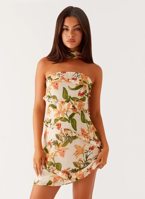 Edwina Strapless Mini Dress - Floral Print Stud Accent Street-Style Edwina Strapless Mini Dress - Floral Print