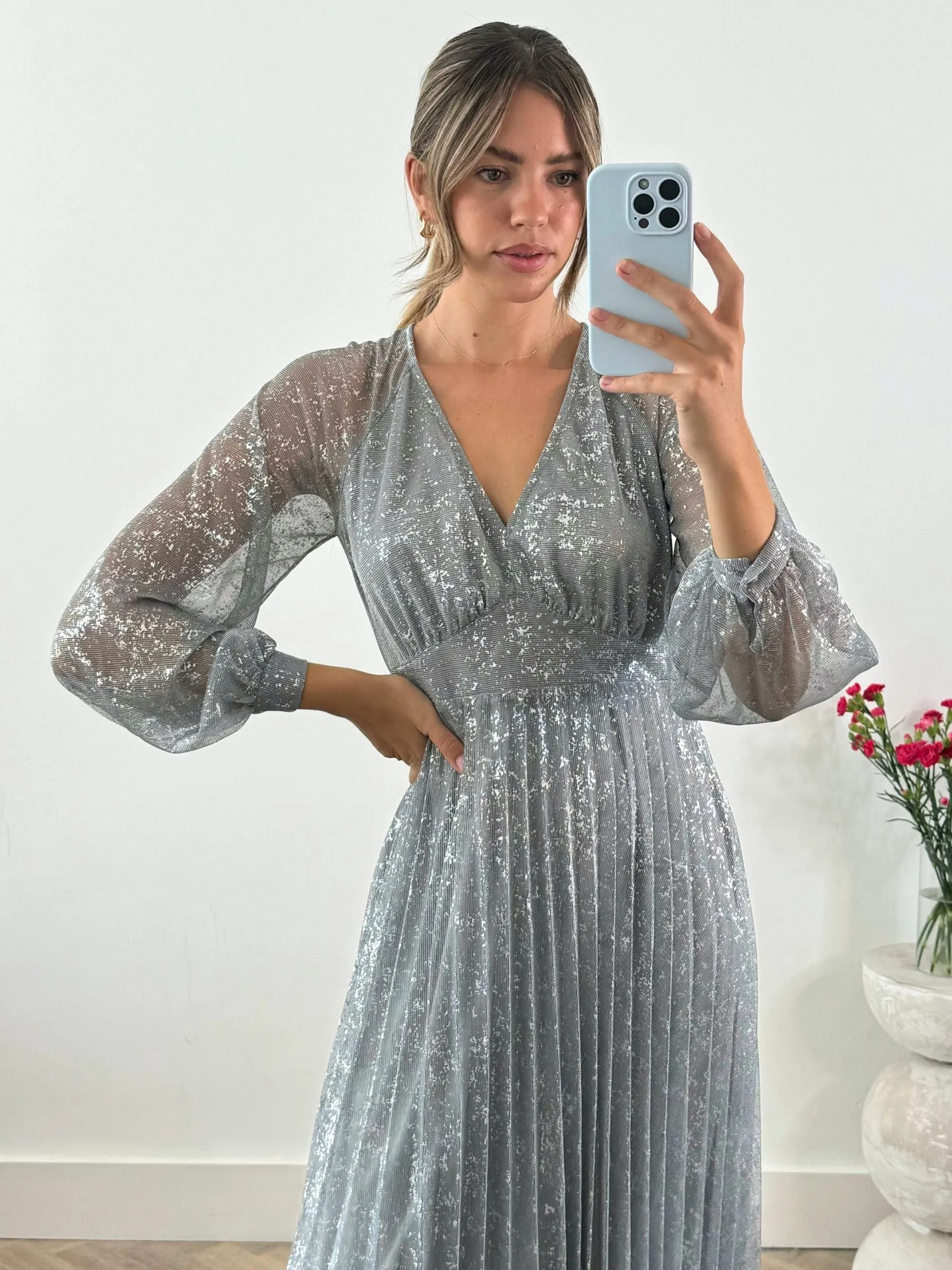 Holiday-Party Comfort waistband Dannica Pleated Balloon Sleeve Maxi Dress / Silver