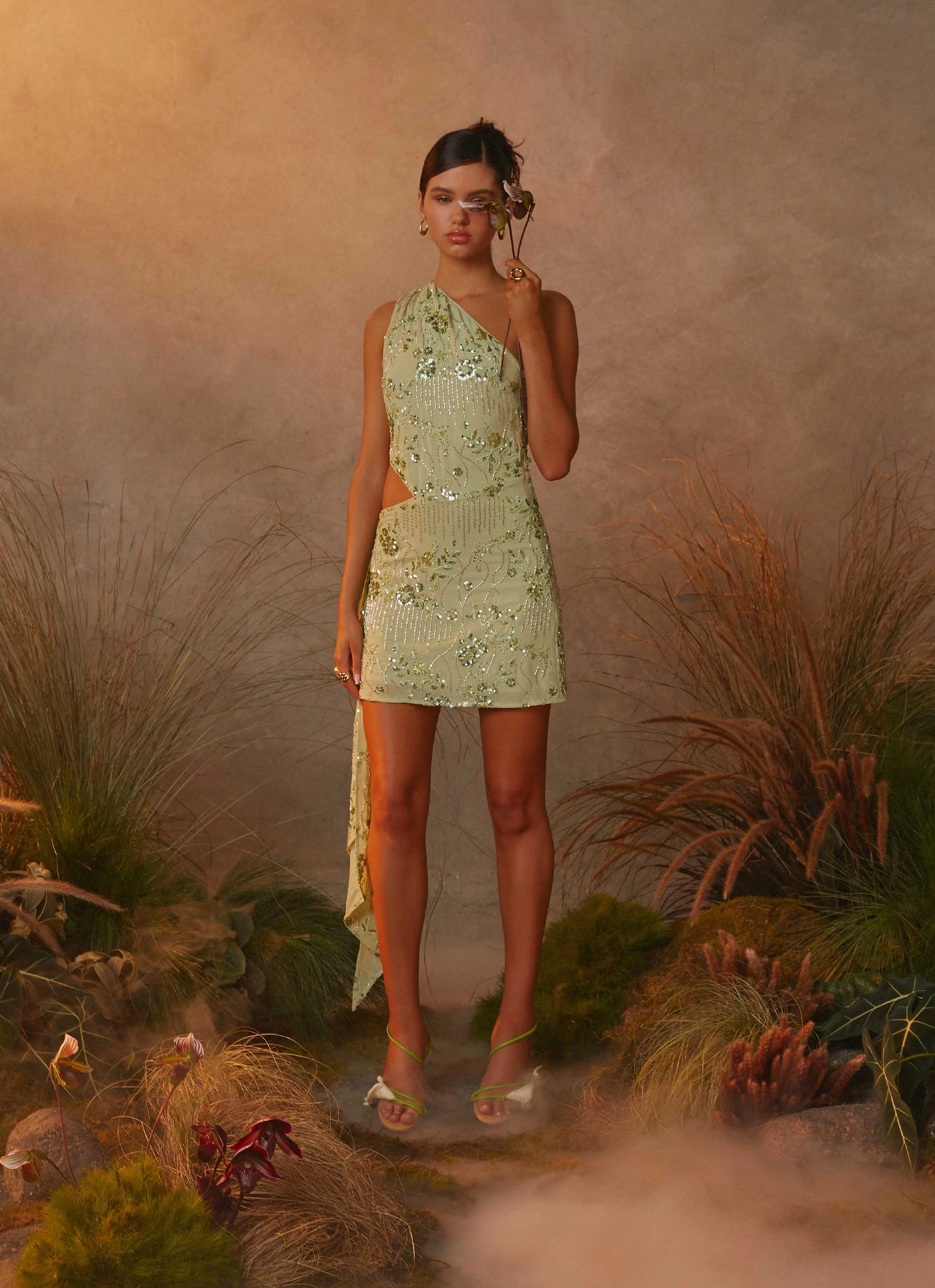 Back Detail Bell-Sleeve Juelz Beaded Mini Dress - Lime