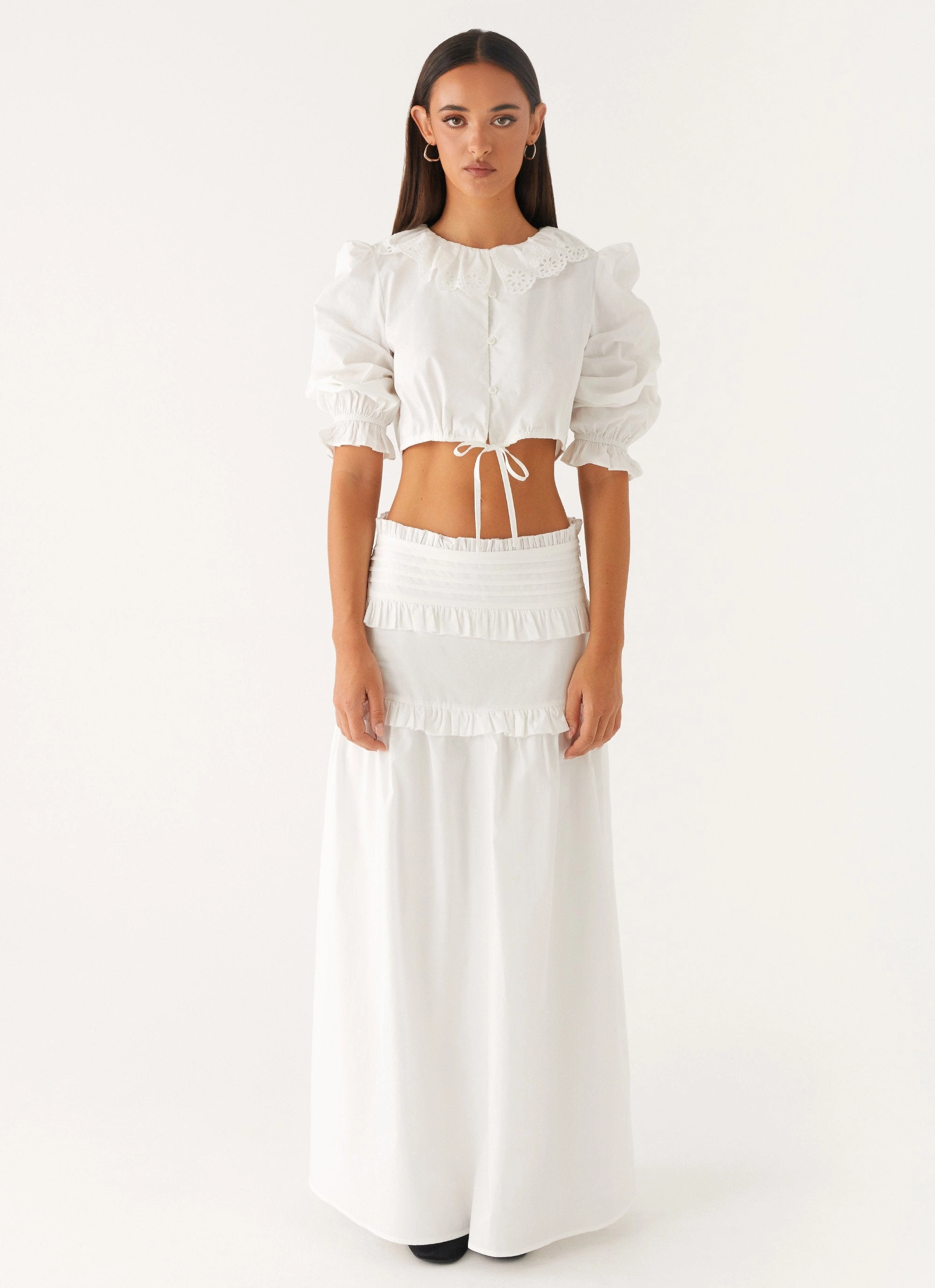 Seamless Shoulder Design Effortless Tiered Maxi Skirt - White