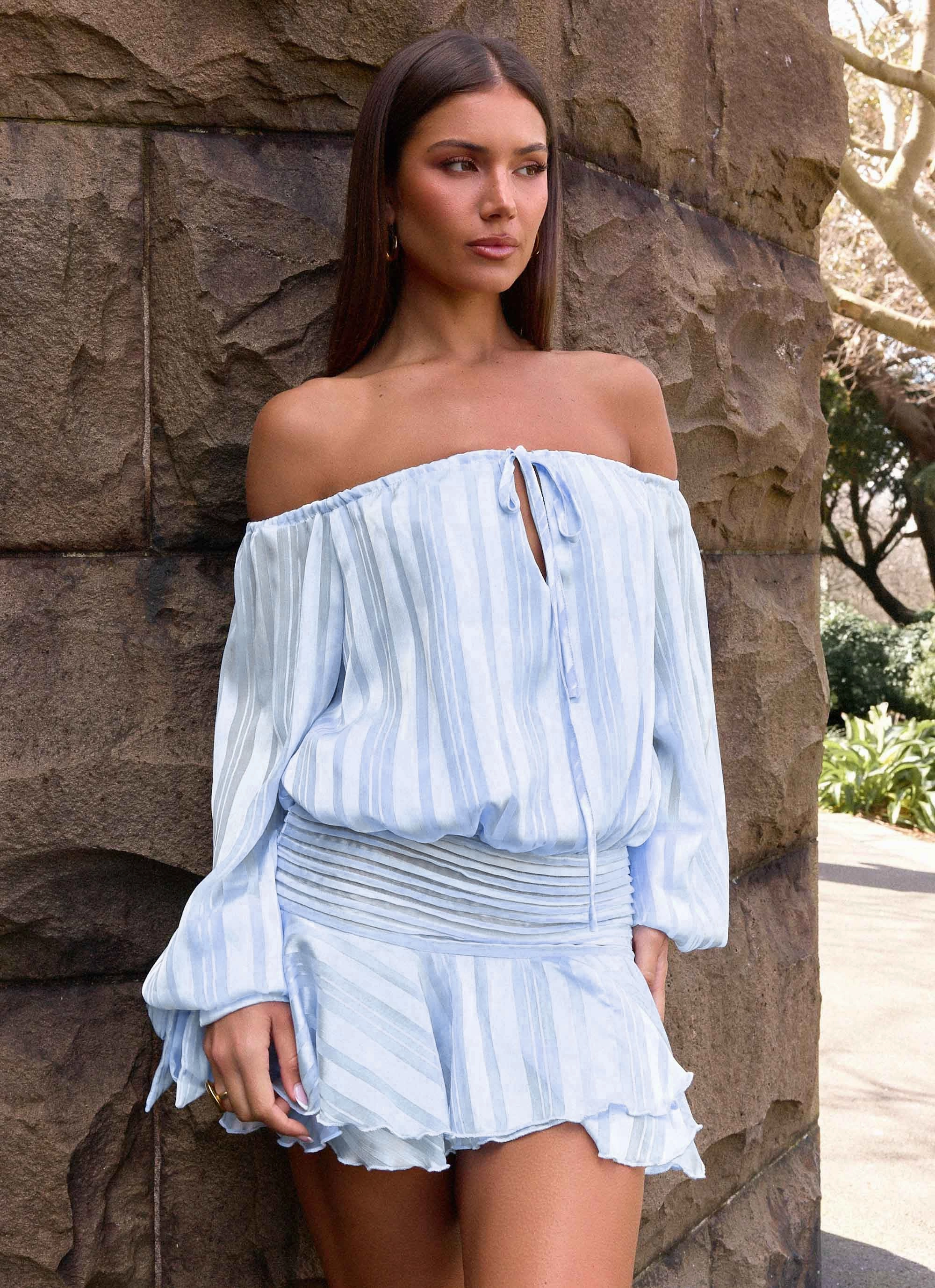 Eira Balloon Sleeve Mini Dress - Baby Blue Subtle Texture Empire-Waist