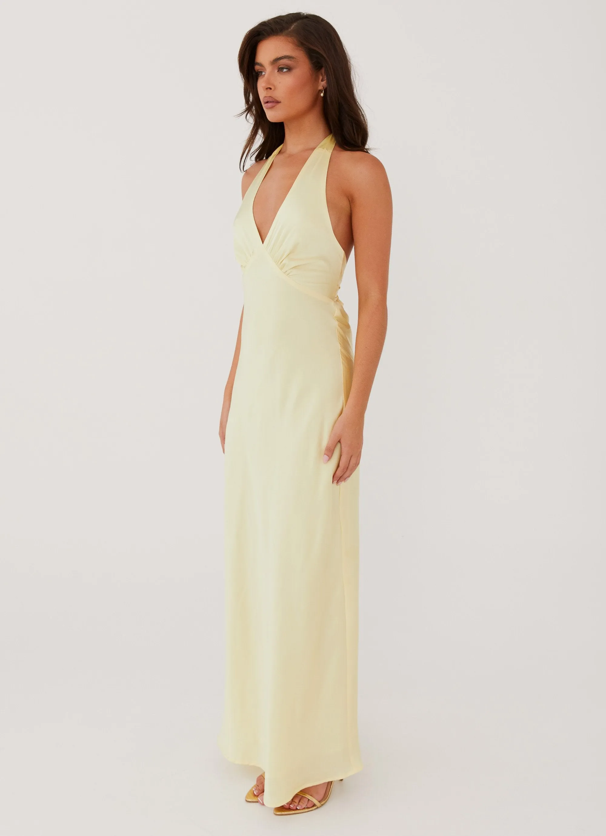 Polished Placket Minimalist Design Heavy Hearted Satin Maxi Dress - Lemon