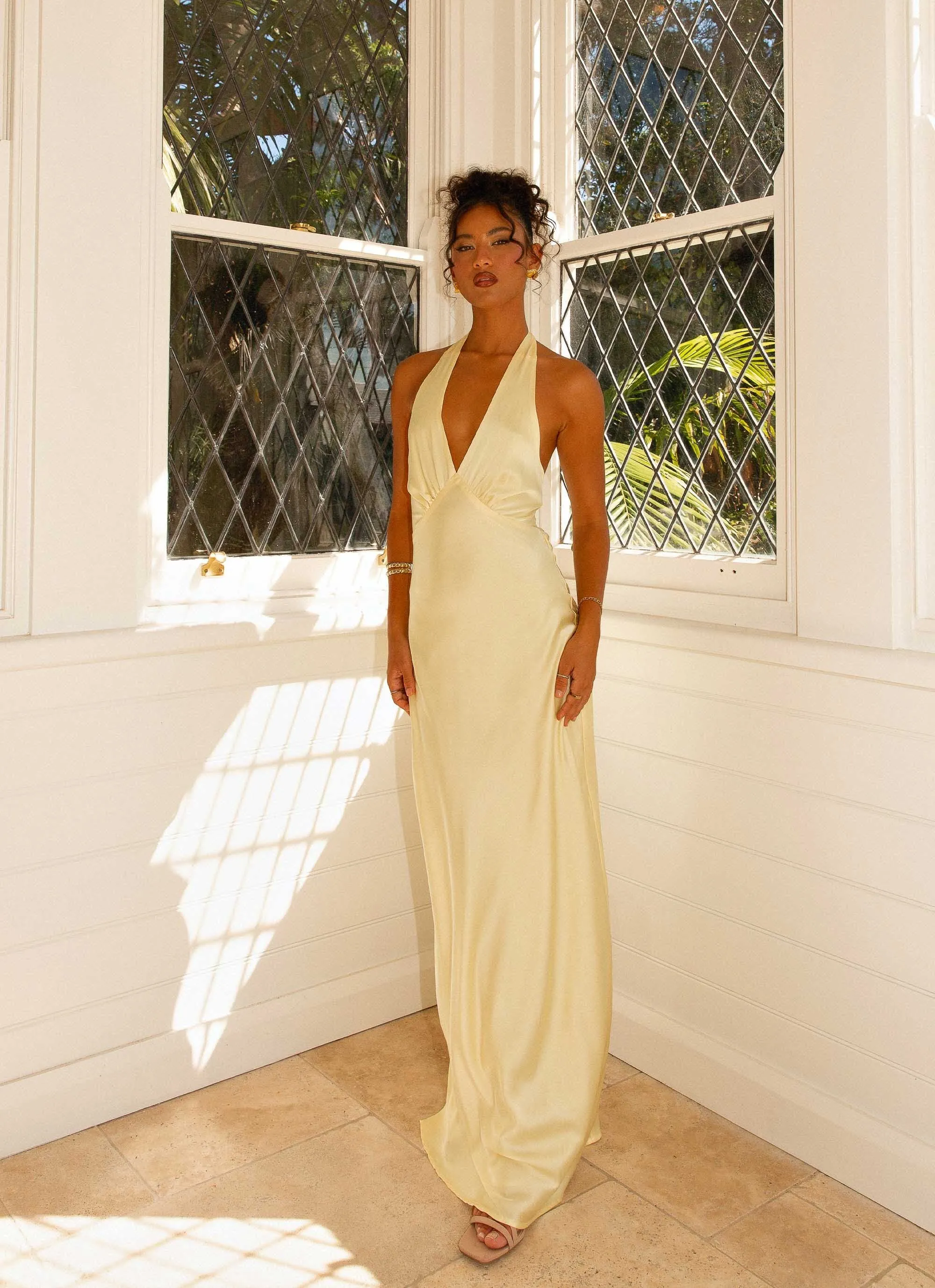 Heavy Hearted Satin Maxi Dress - Lemon Social Meetup Festive Look