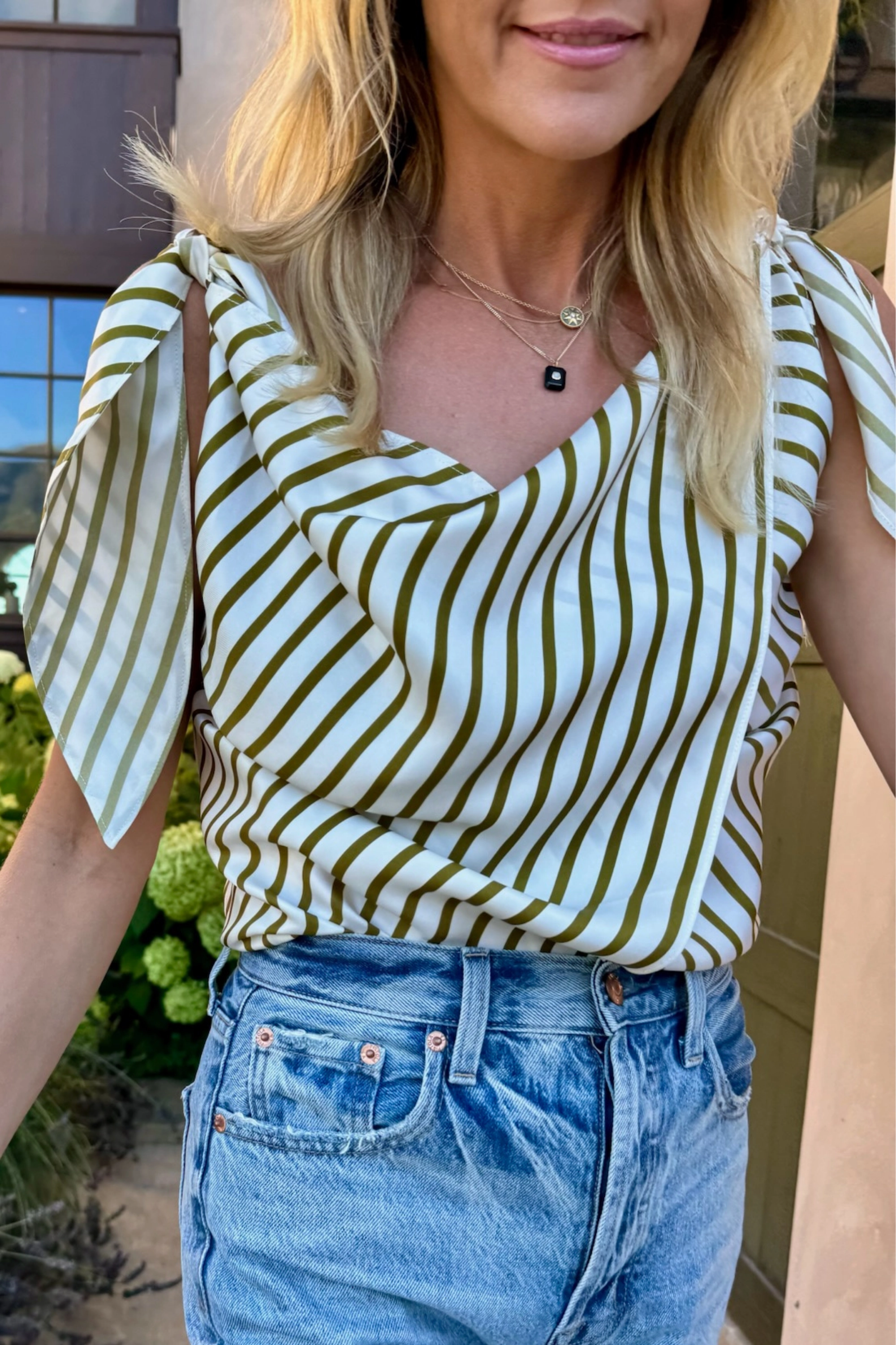 MASONS DAUGHTER | Lily Scarf Top, Olive & Ivory Striped Fashionable Cut