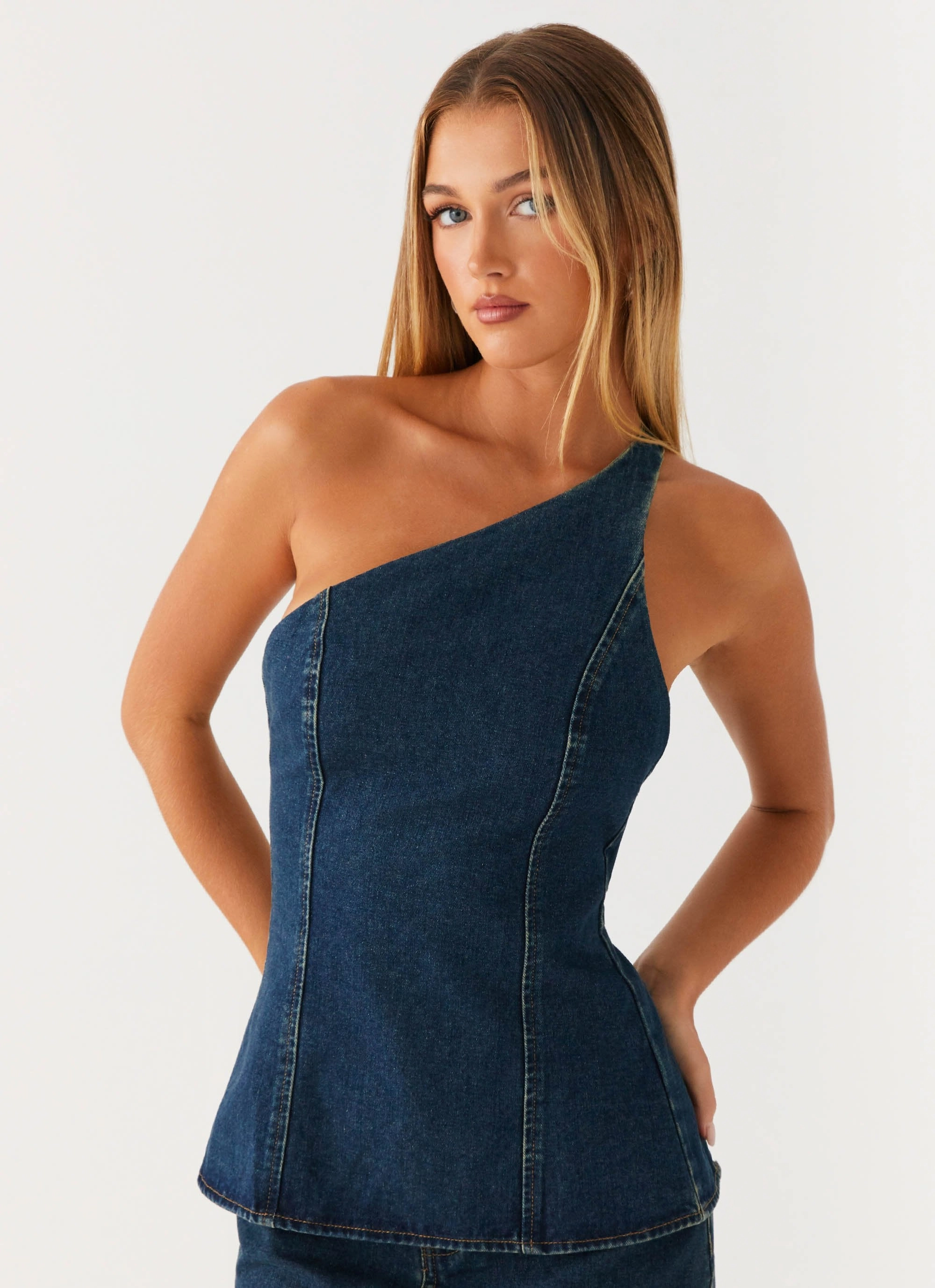 Thermal Insulation Taped Neckline Maysa Denim Top - Washed Denim