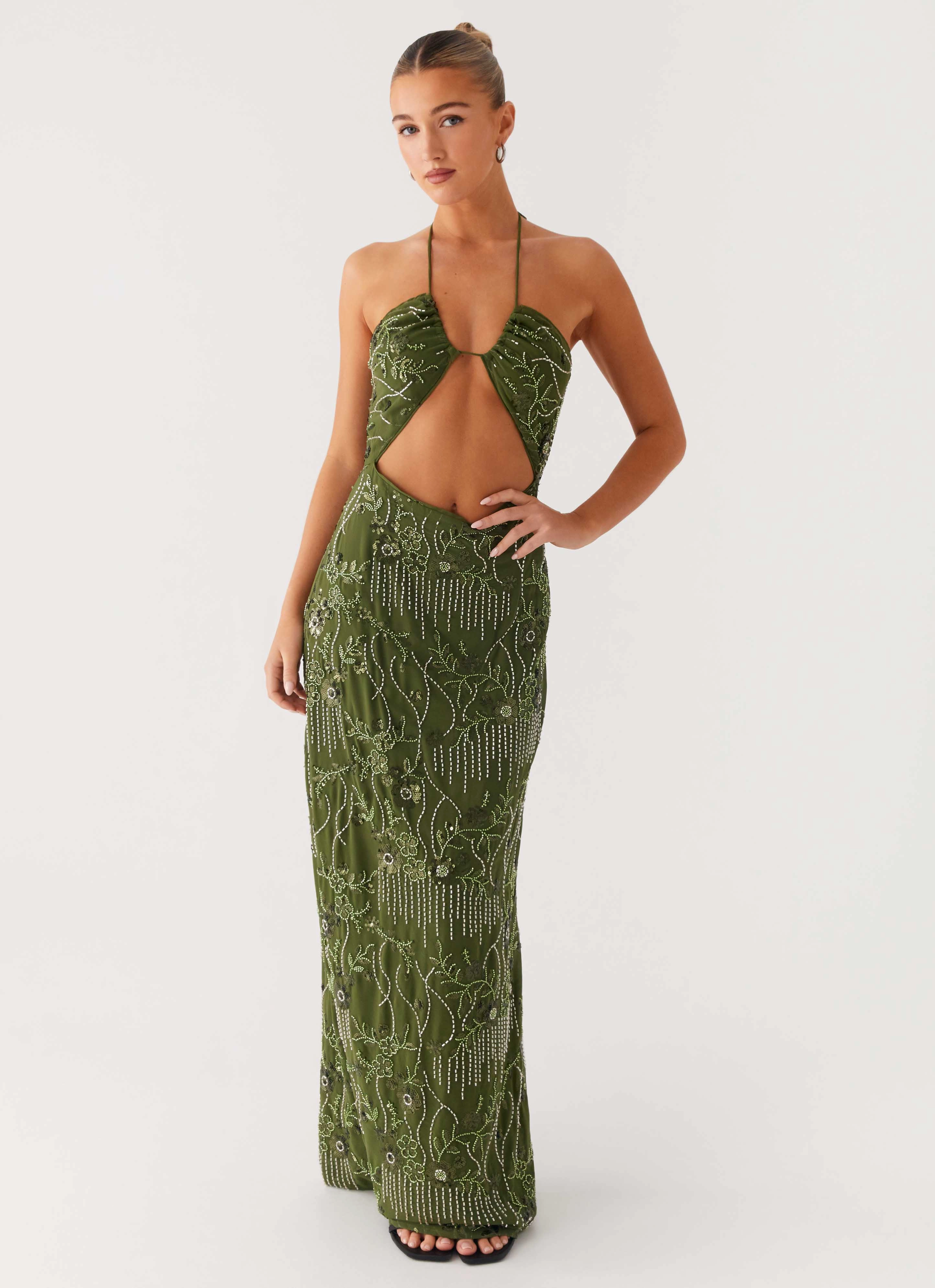 Phoenicia Beaded Maxi Dress - Khaki Flattering Style Trendy Cut