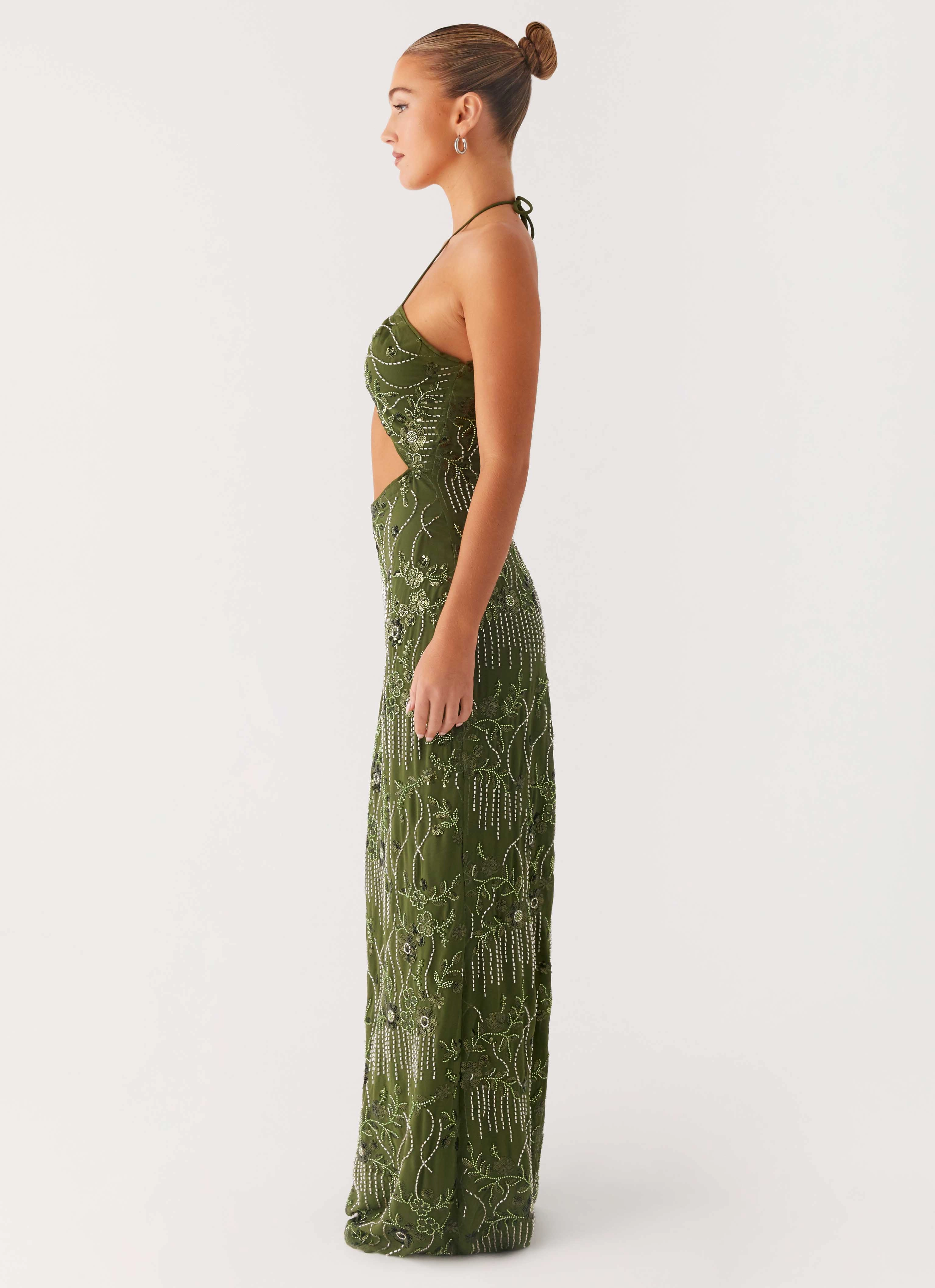 Evening Event Soft Touch Phoenicia Beaded Maxi Dress - Khaki
