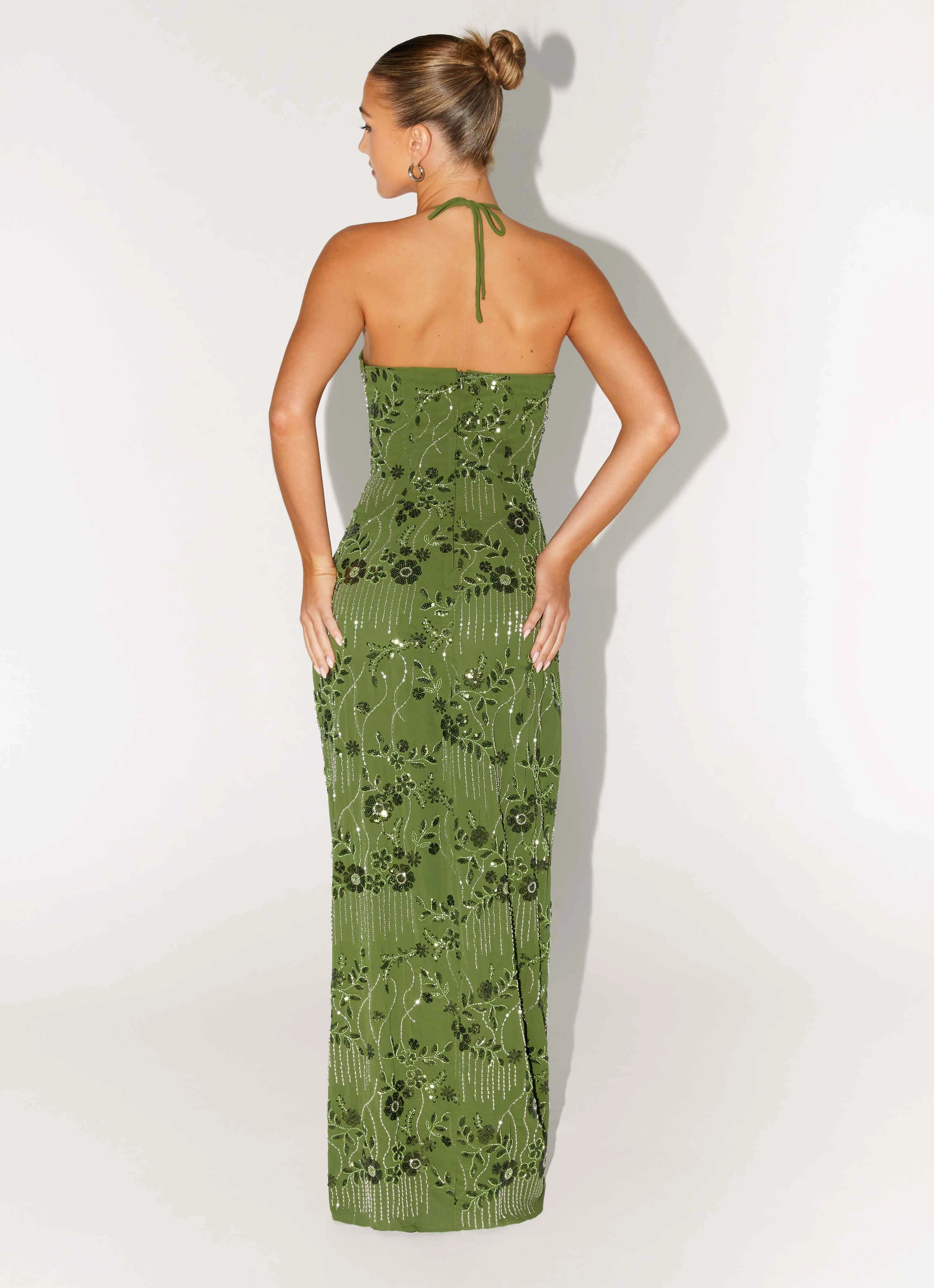 Dressy Yet Comfortable Flattering Waist Phoenicia Beaded Maxi Dress - Khaki