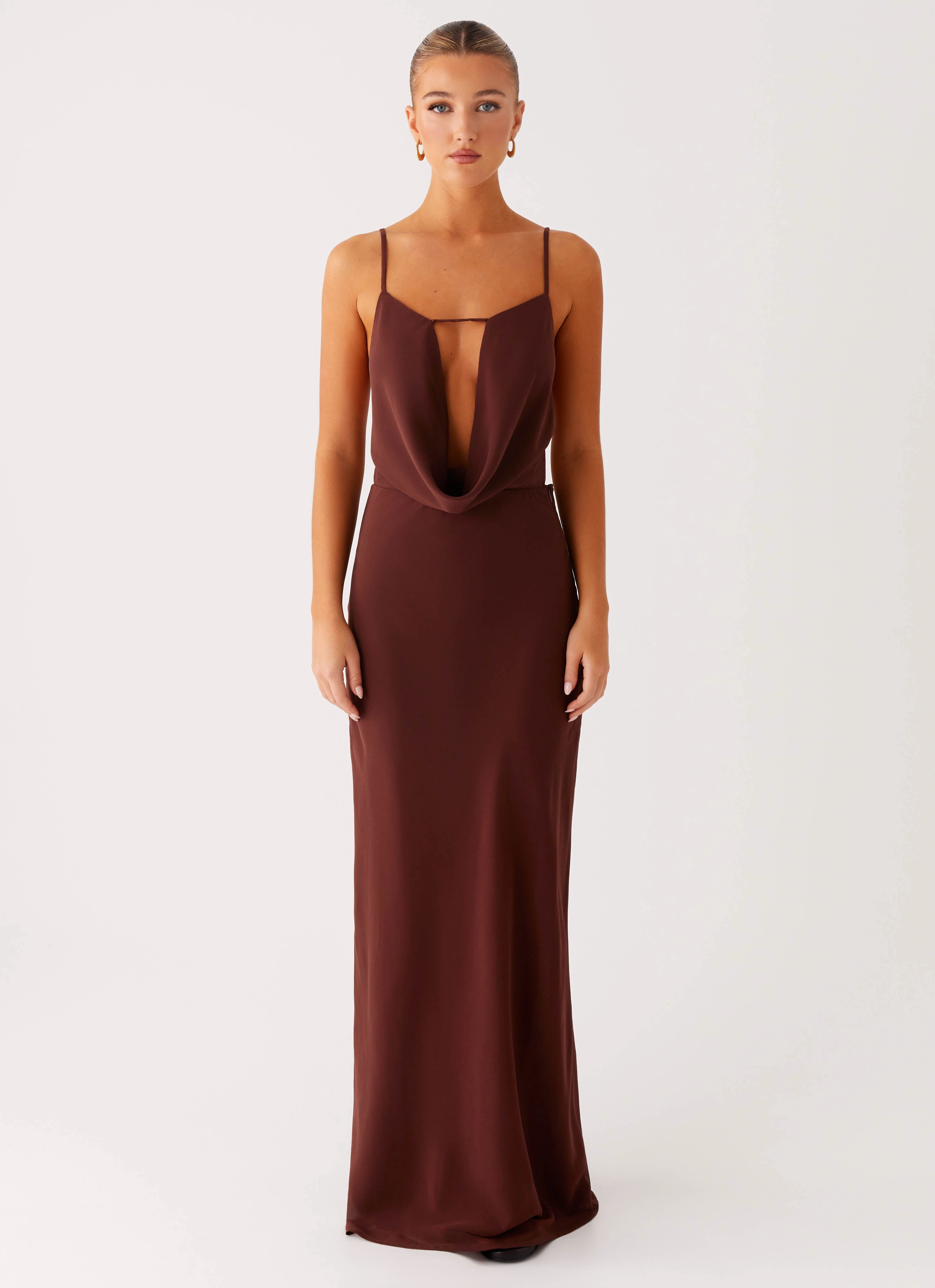 Quiet Glow Elation Cowl Neck Maxi Dress - Chocolate