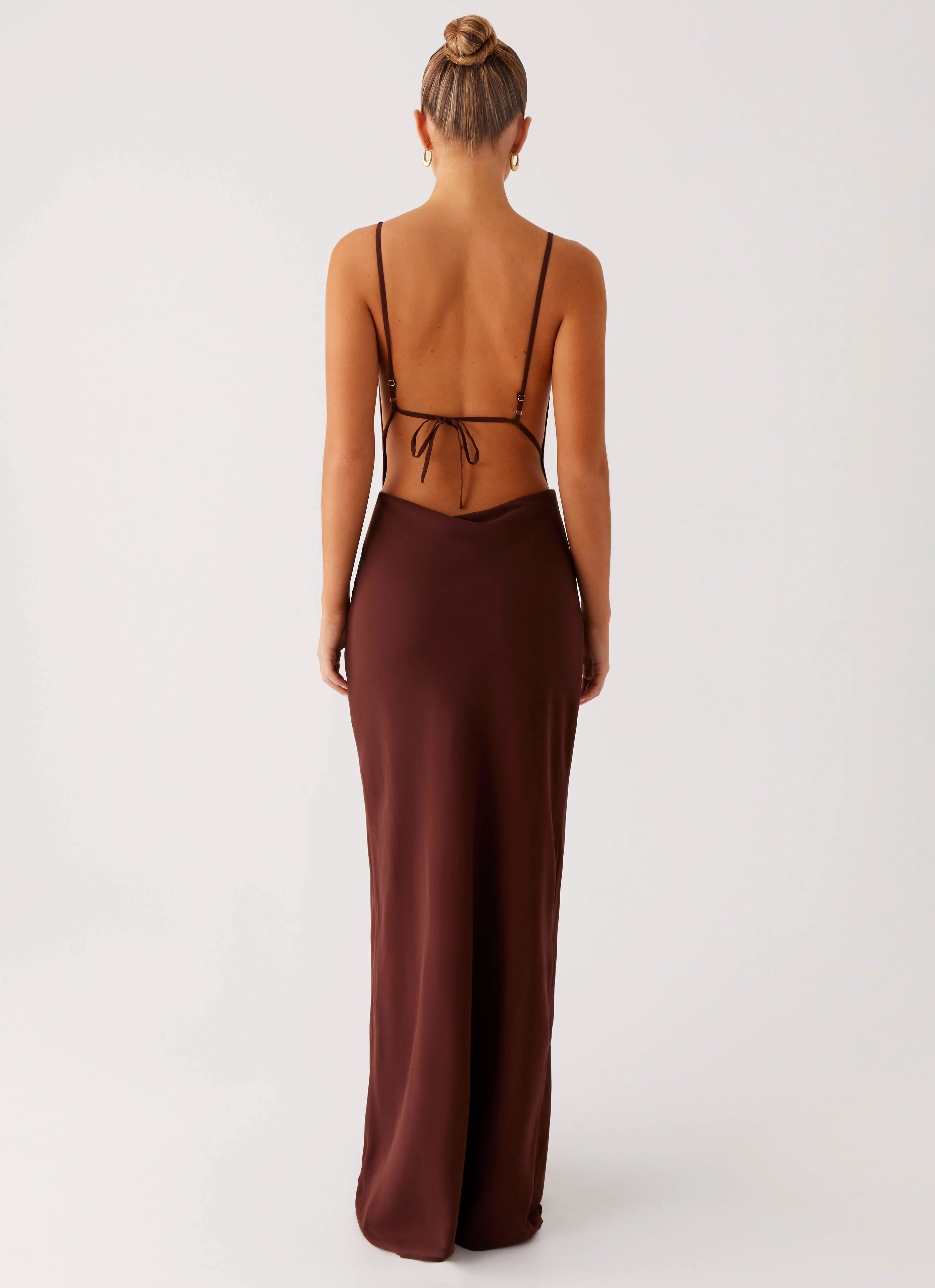 Elation Cowl Neck Maxi Dress - Chocolate Elastic-Waist Back-Pocket