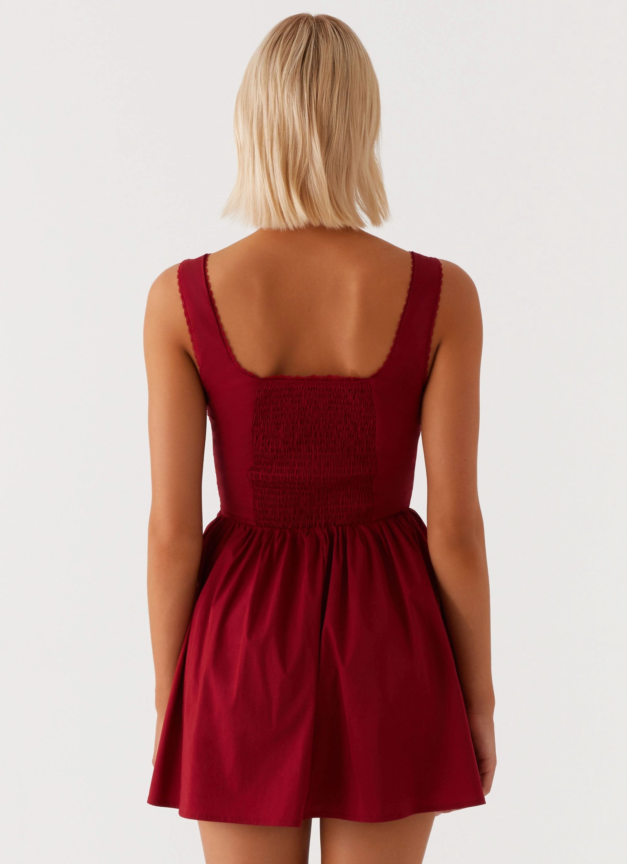 Eleanor Lace Trim Mini Dress - Red Relaxed and Elegant