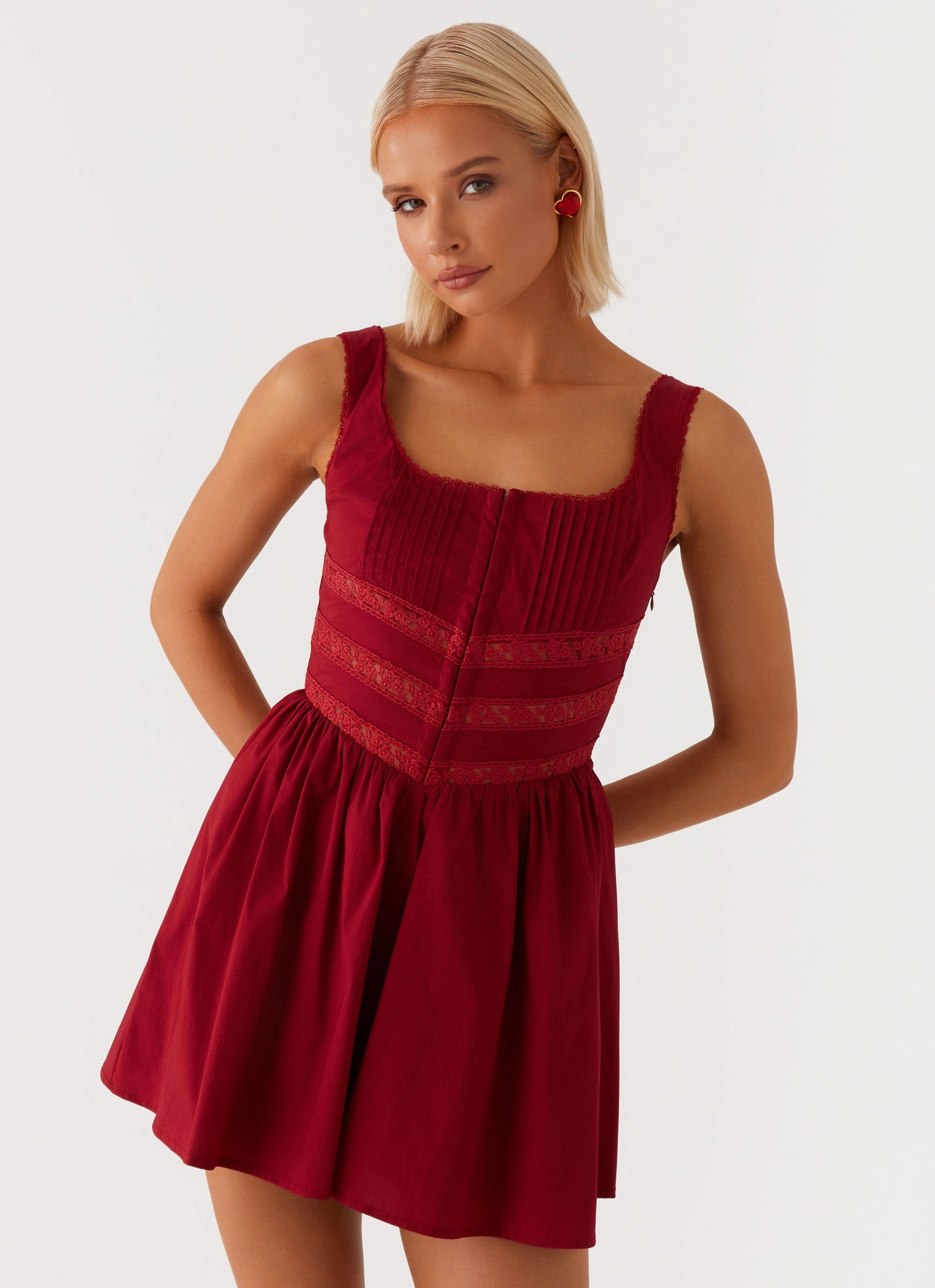 Effortless Layering Eleanor Lace Trim Mini Dress - Red