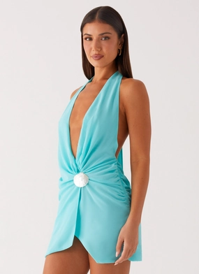 Minimal Comfort Slimming Shape Eleanora Plunge Mini Dress - Turquoise