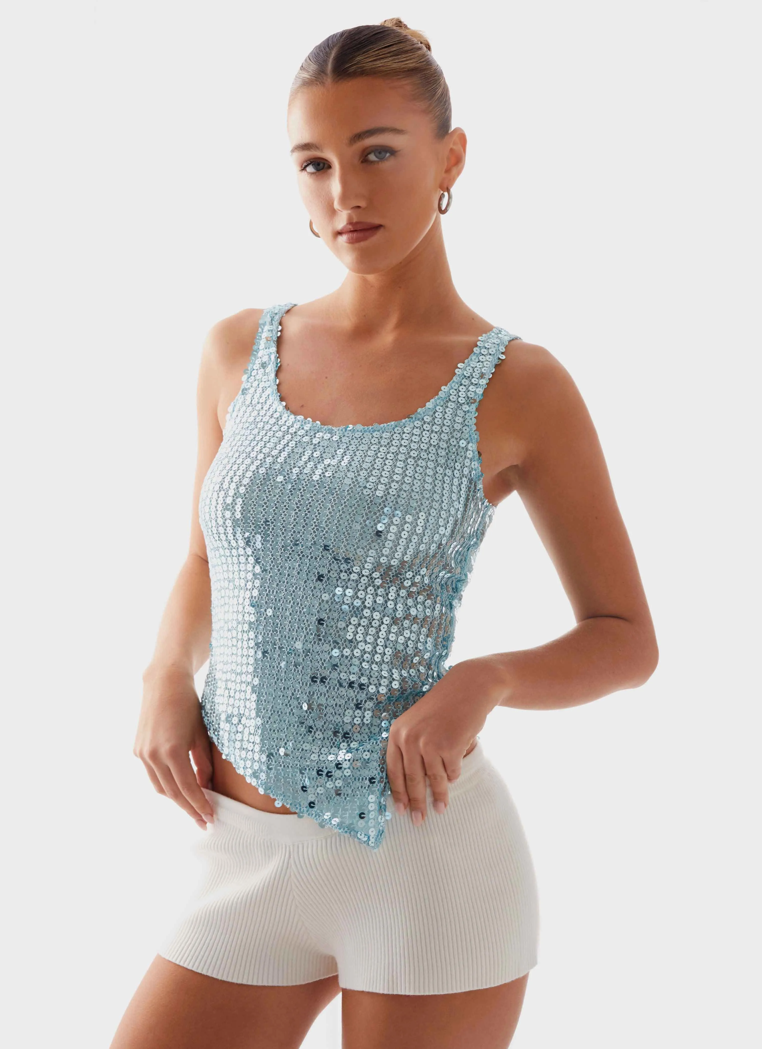 Hidden Button Placket Electra Sequin Tank - Turquoise