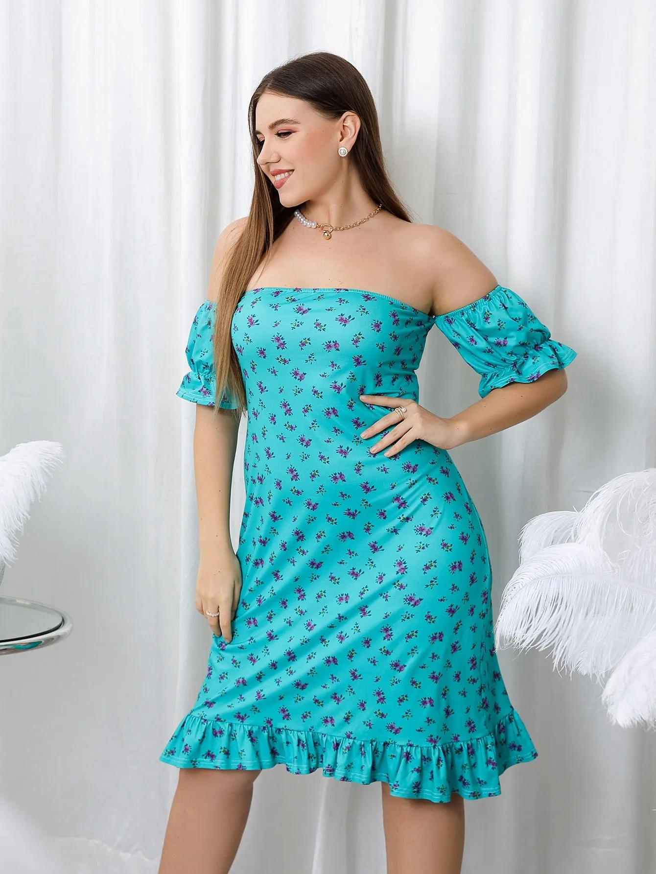 Elegant Ditsy Floral Ruffle Hem Short Sleeve Off The Shoulder Flounce Natural Knee Length Plus Size Dress