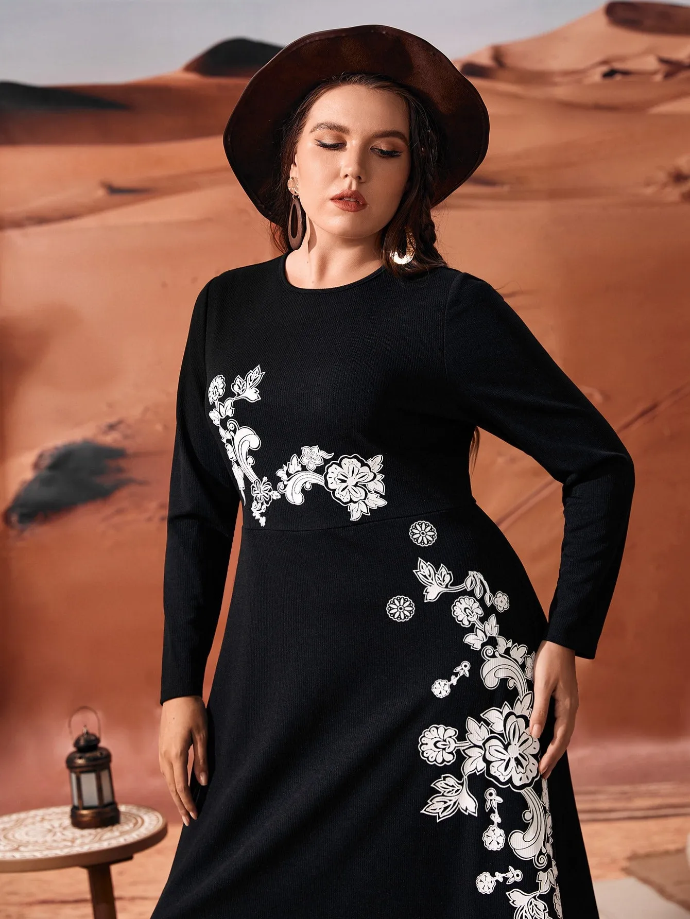 Elegant Floral Long Sleeve Round Neck Flared High Waist Long Plus Size Dress