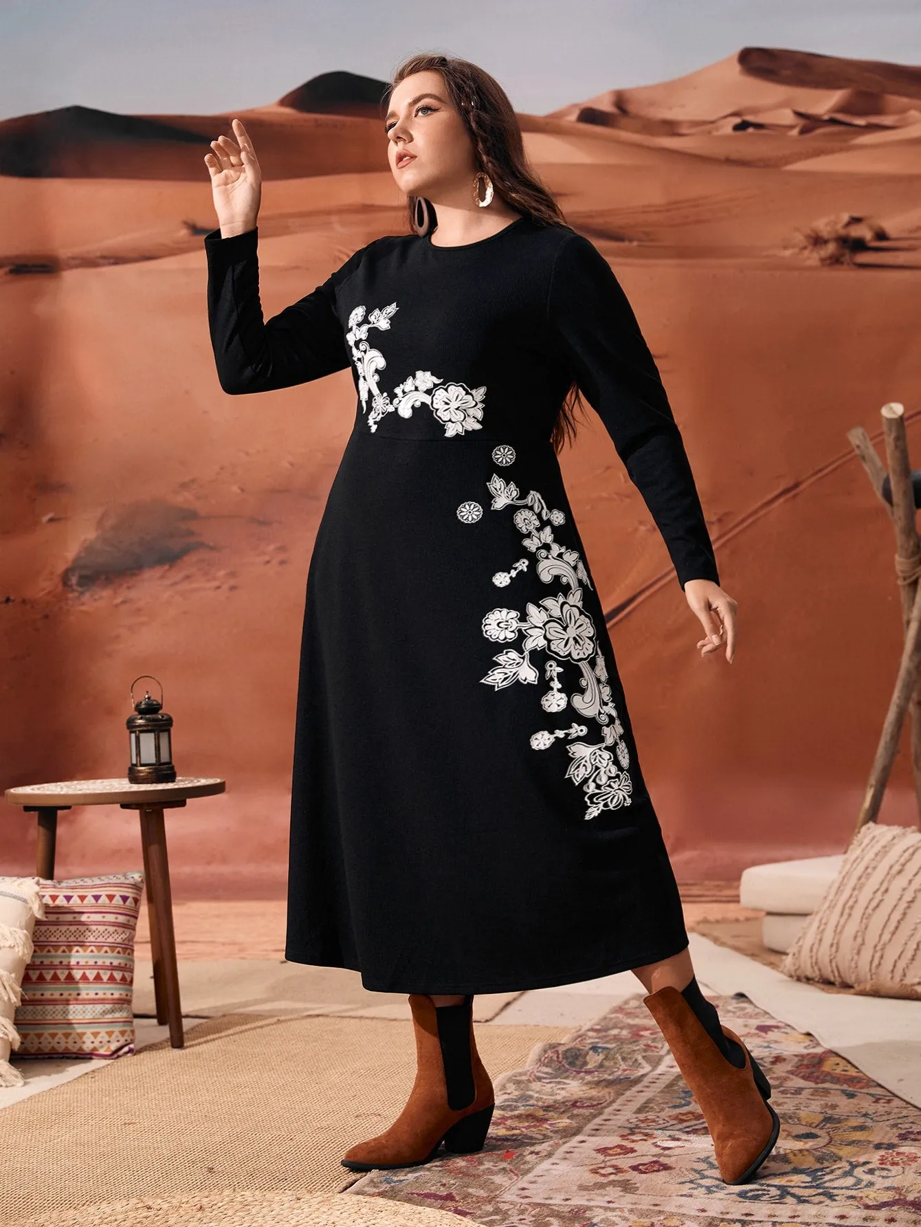 Elegant Floral Long Sleeve Round Neck Flared High Waist Long Plus Size Dress