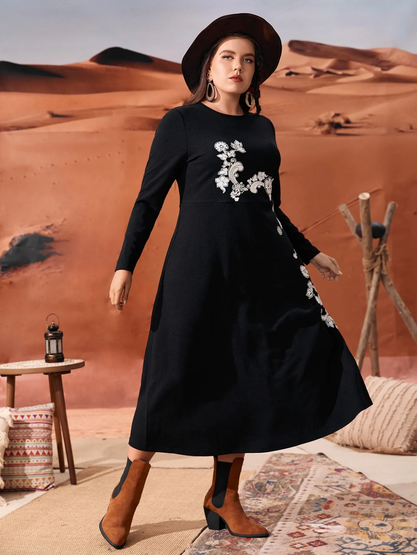 Elegant Floral Long Sleeve Round Neck Flared High Waist Long Plus Size Dress