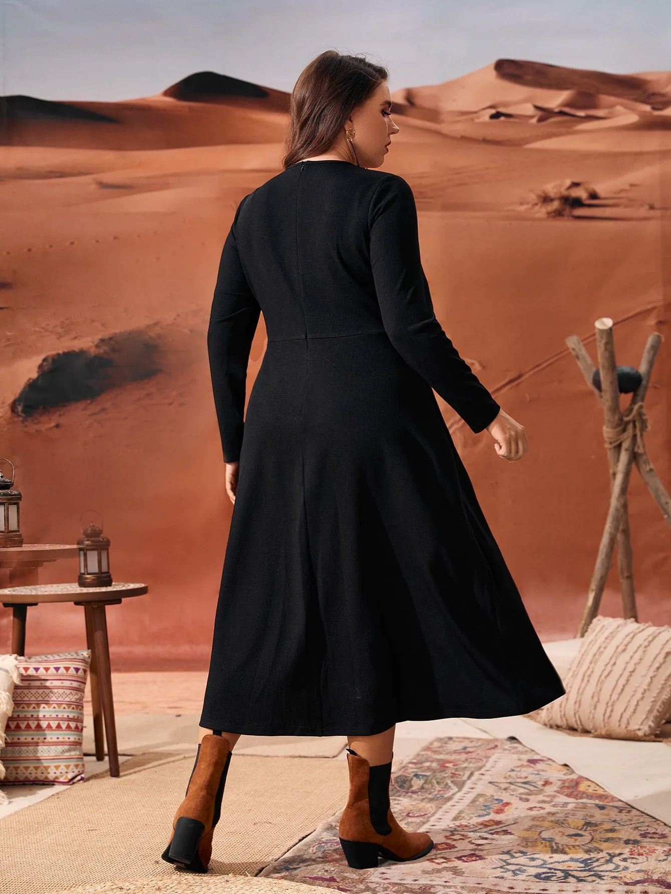 Elegant Floral Long Sleeve Round Neck Flared High Waist Long Plus Size Dress