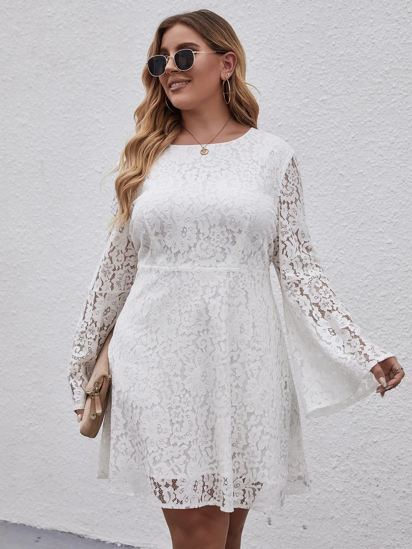 Elegant Floral Long Sleeve Round Neck Flared High Waist Midi Plus Size Dress