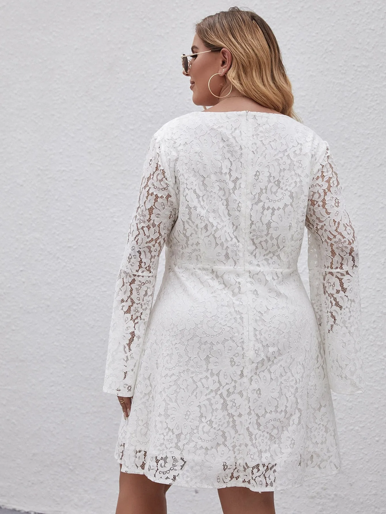 Elegant Floral Long Sleeve Round Neck Flared High Waist Midi Plus Size Dress