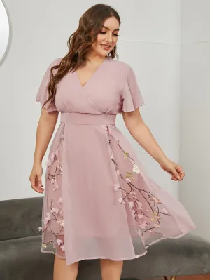 Elegant Floral Ruffle Short Sleeve V Neck Flared High Waist Midi Plus Size Dress