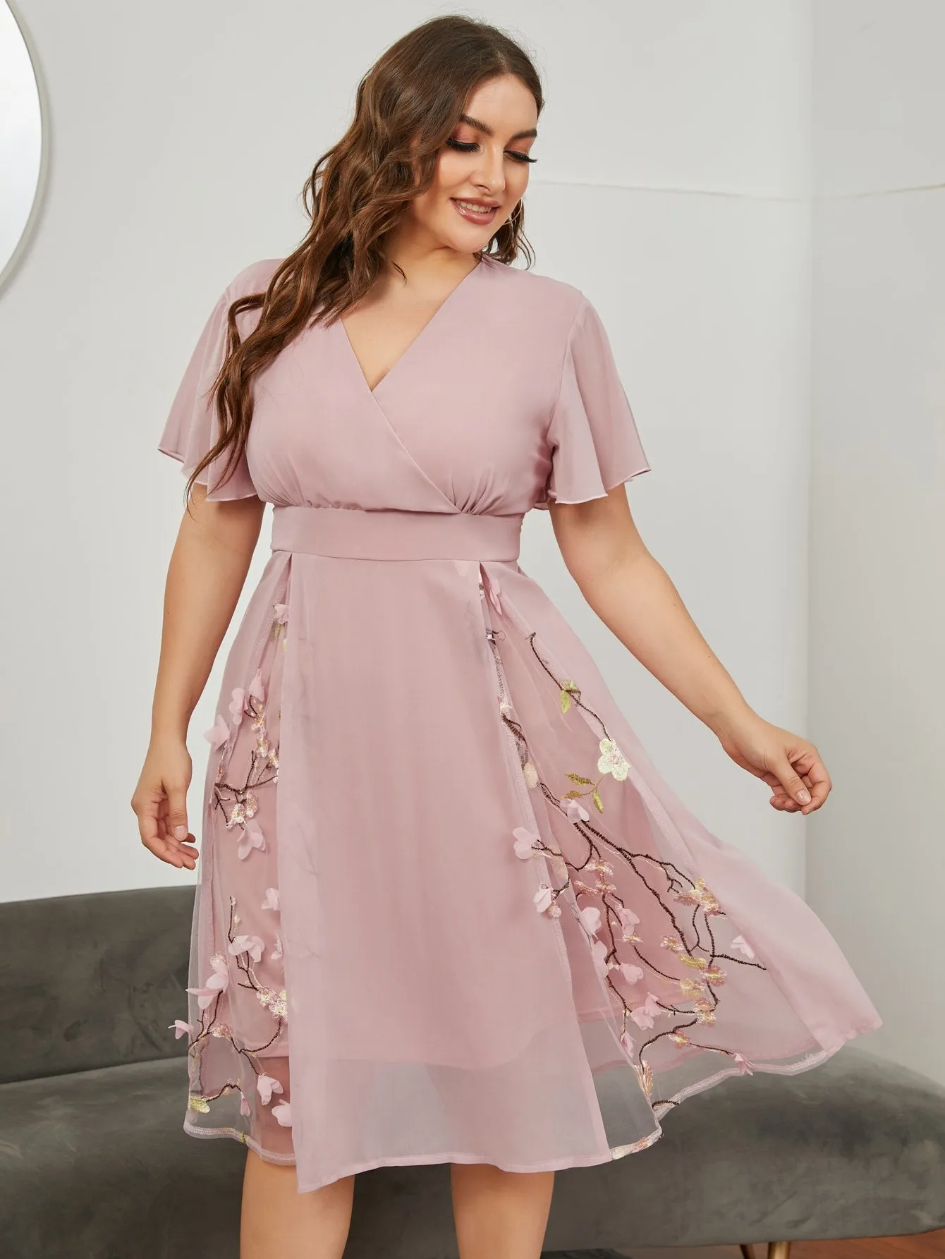 Elegant Floral Ruffle Short Sleeve V Neck Flared High Waist Midi Plus Size Dress