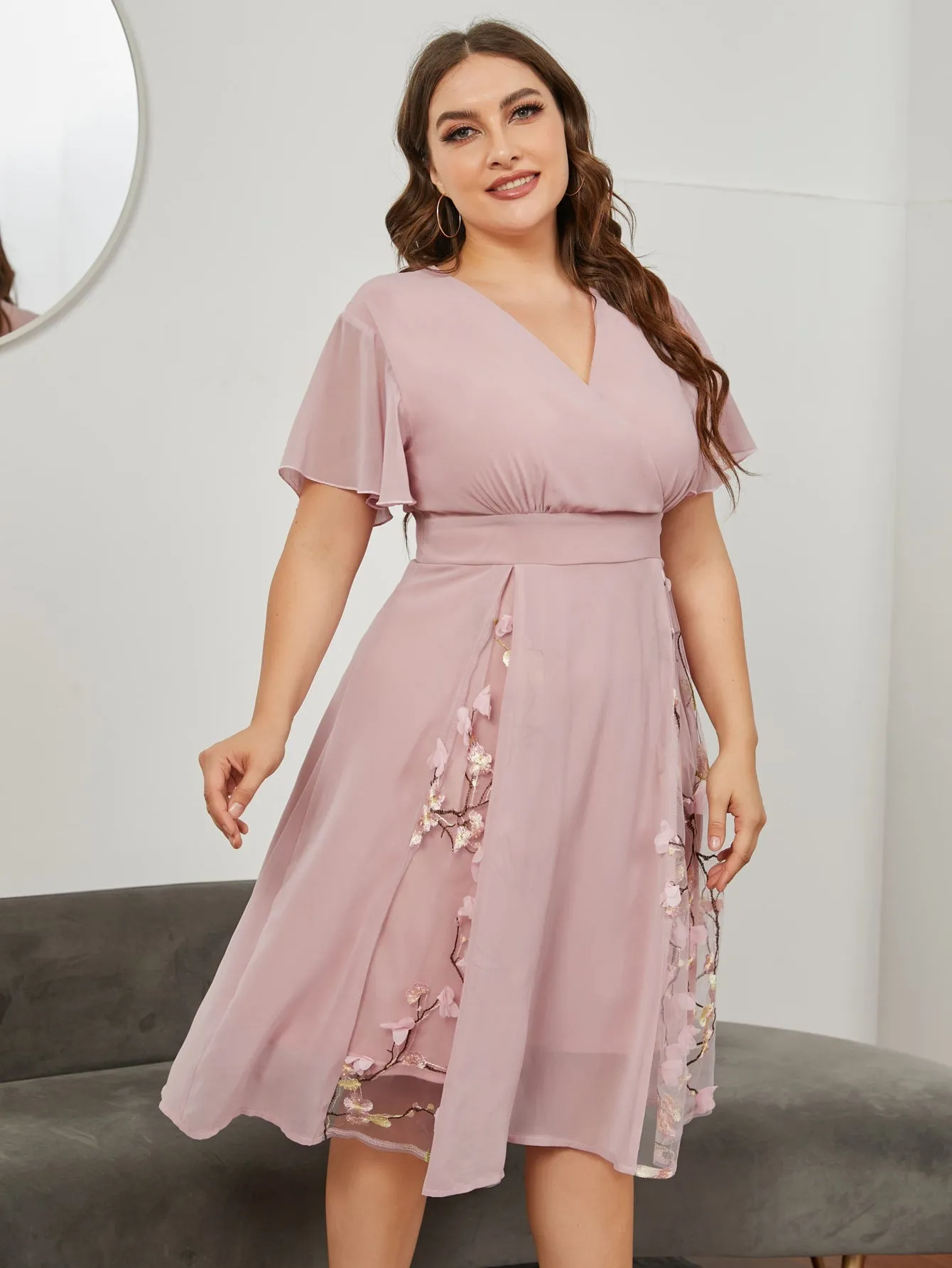 Elegant Floral Ruffle Short Sleeve V Neck Flared High Waist Midi Plus Size Dress