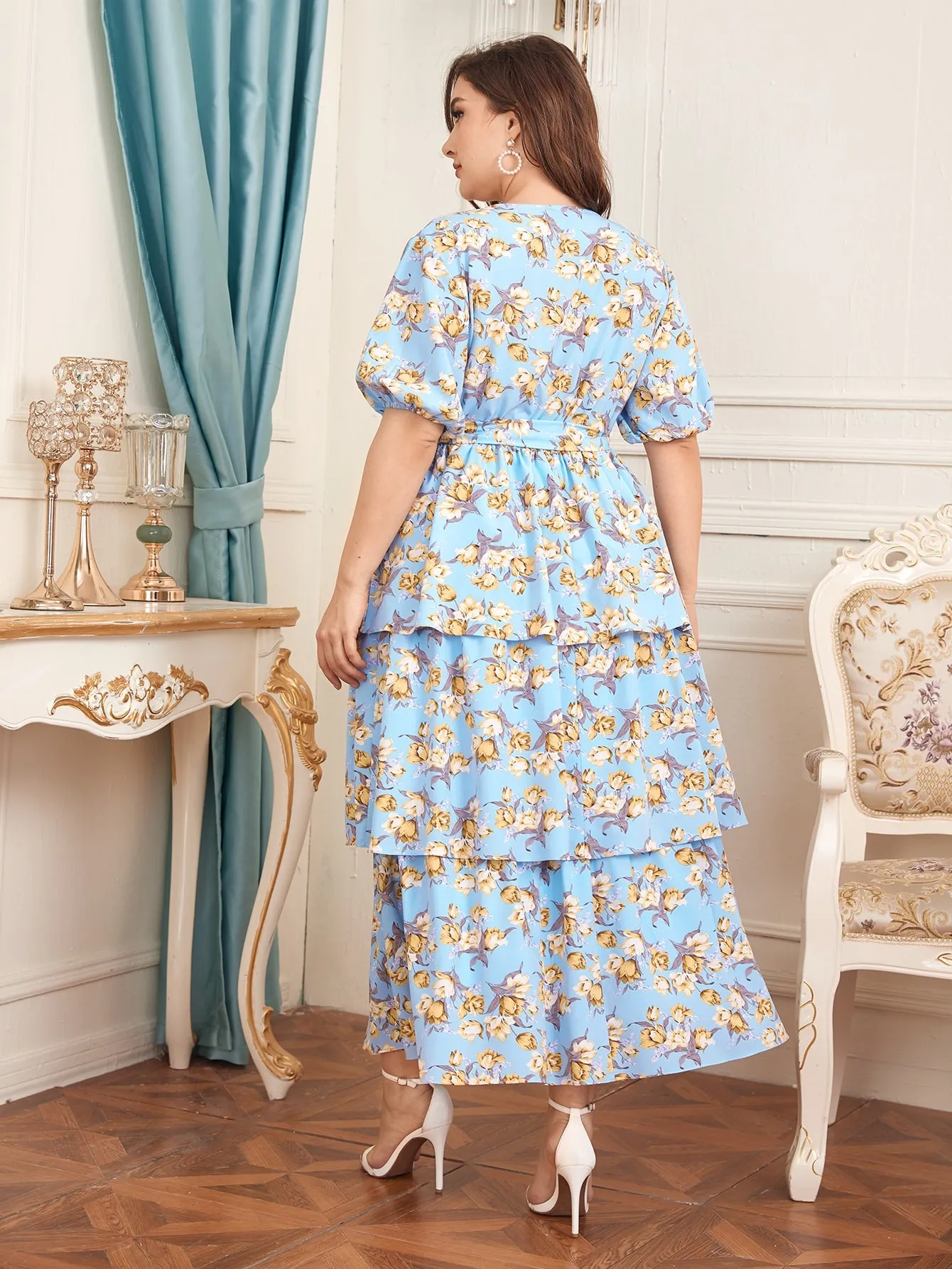Elegant Floral Tiered Layer Short Sleeve V Neck Layered/Tiered High Waist Maxi Plus Size Dress