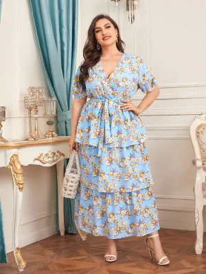Elegant Floral Tiered Layer Short Sleeve V Neck Layered/Tiered High Waist Maxi Plus Size Dress