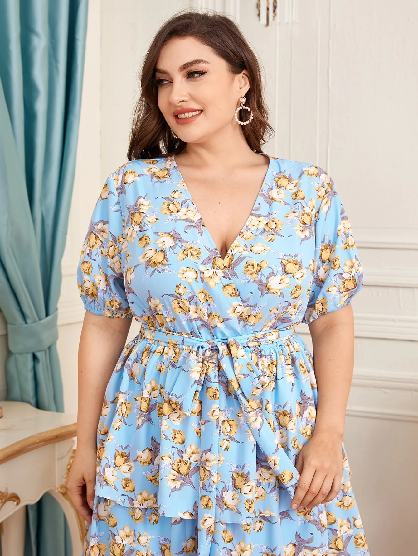 Elegant Floral Tiered Layer Short Sleeve V Neck Layered/Tiered High Waist Maxi Plus Size Dress