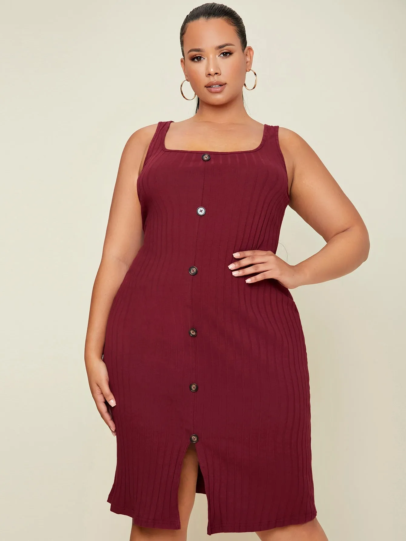 Elegant Plain Button Front Sleeveless Straps Straight Natural Knee Length Plus Size Dress