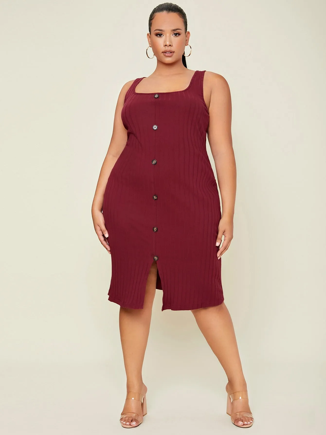 Elegant Plain Button Front Sleeveless Straps Straight Natural Knee Length Plus Size Dress