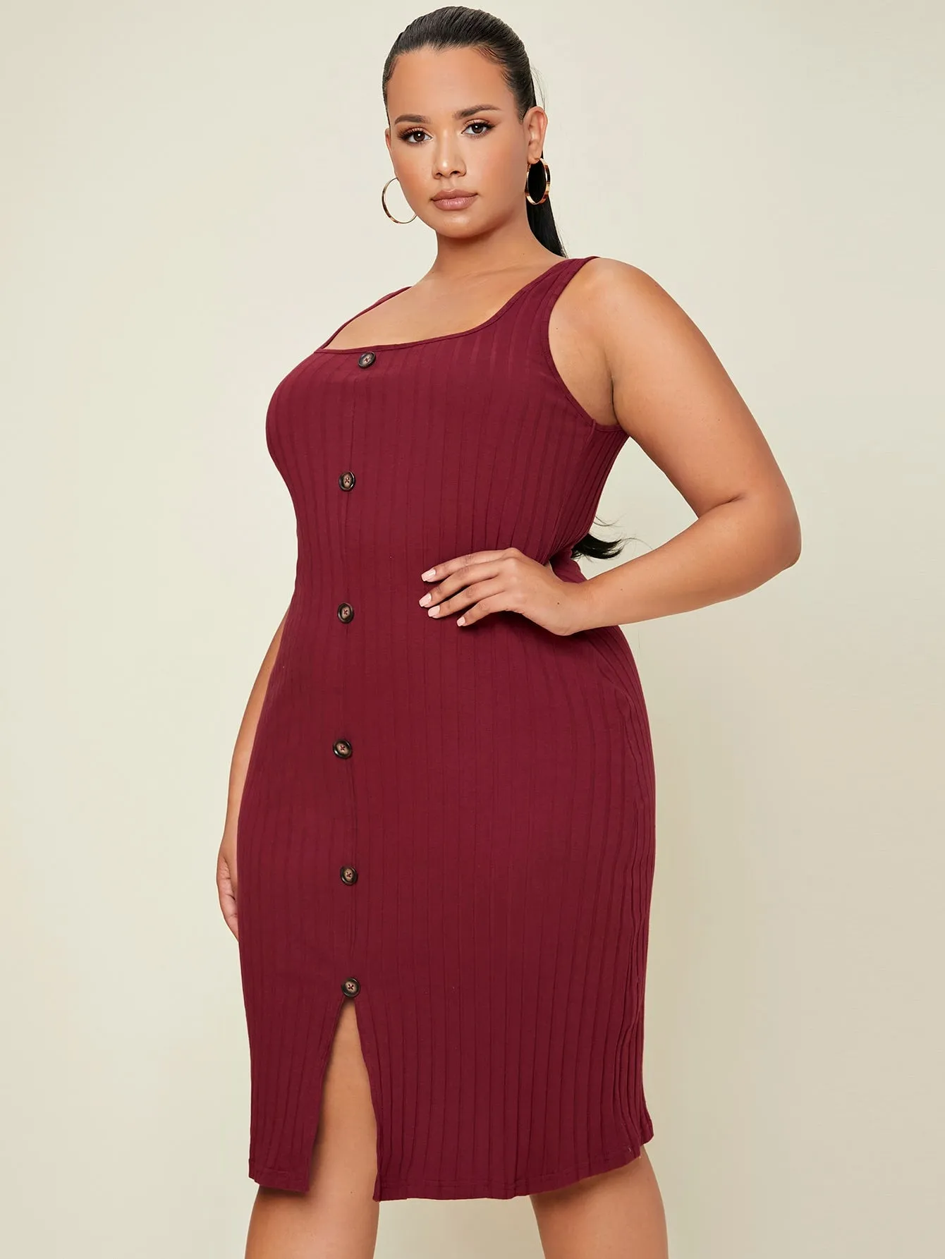 Elegant Plain Button Front Sleeveless Straps Straight Natural Knee Length Plus Size Dress