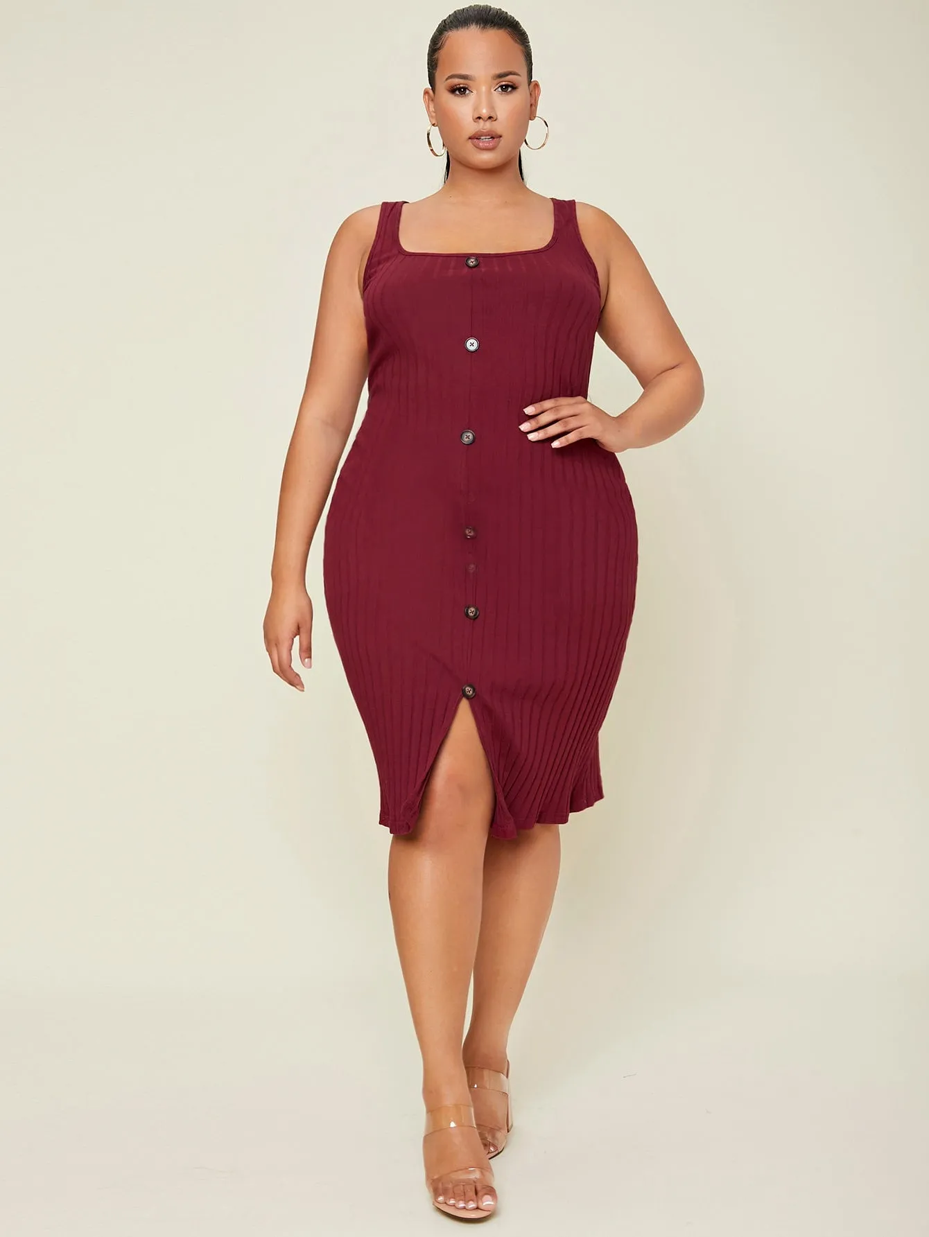 Elegant Plain Button Front Sleeveless Straps Straight Natural Knee Length Plus Size Dress