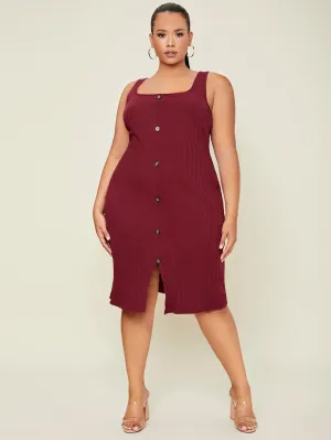 Elegant Plain Button Front Sleeveless Straps Straight Natural Knee Length Plus Size Dress