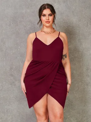 Elegant Plain Ruched Sleeveless Spaghetti Strap Asymmetrical High Waist Short Plus Size Dress