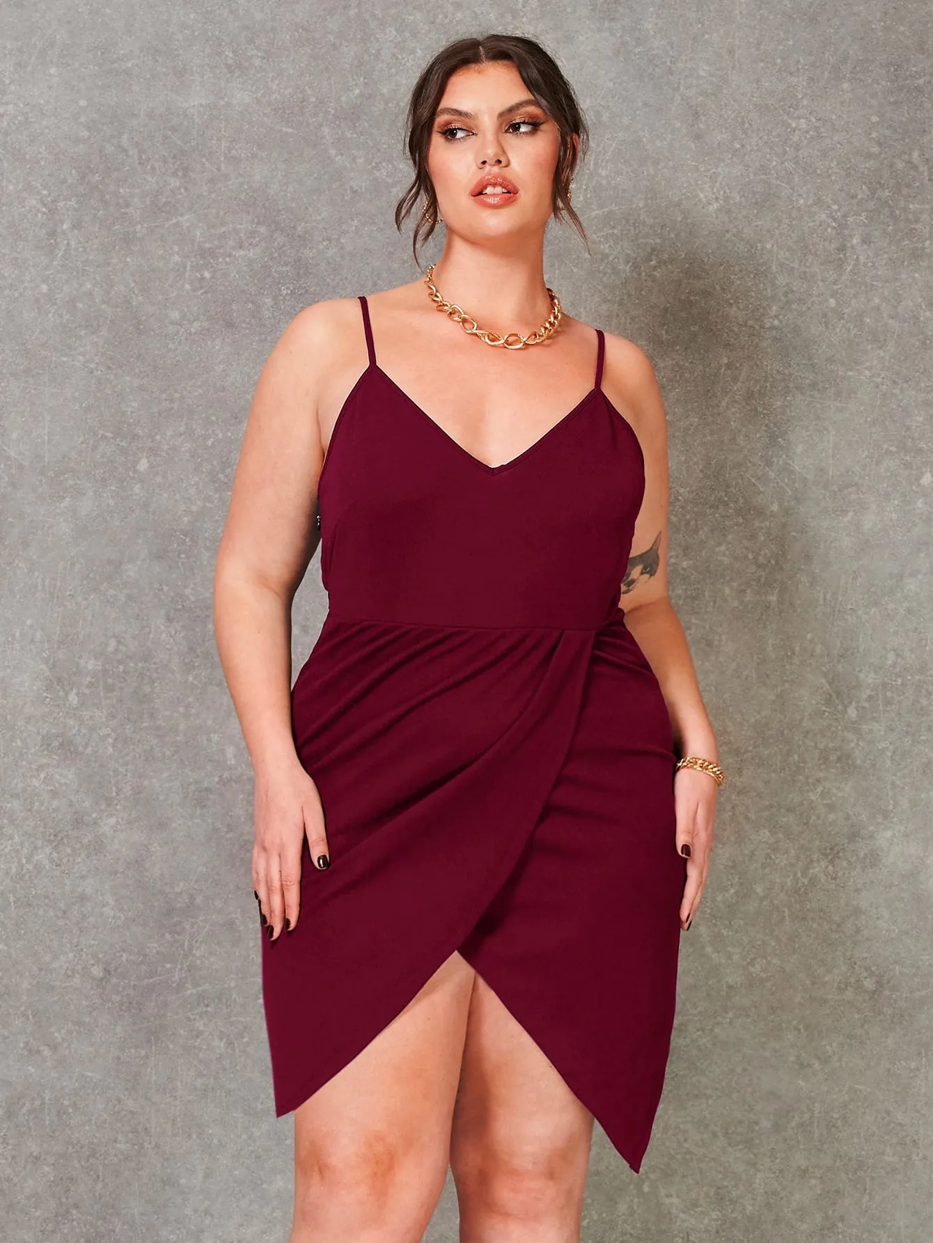 Elegant Plain Ruched Sleeveless Spaghetti Strap Asymmetrical High Waist Short Plus Size Dress
