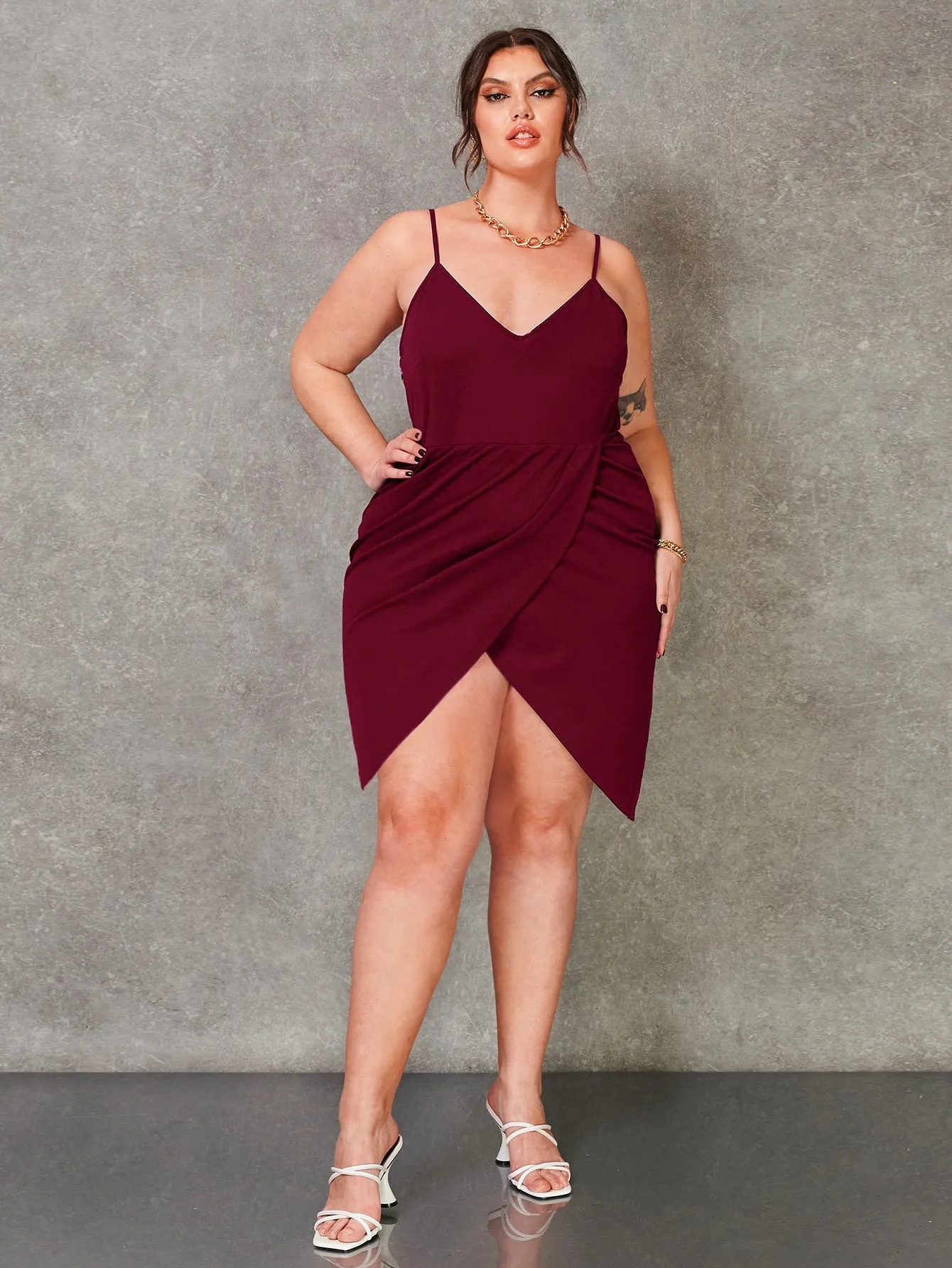 Elegant Plain Ruched Sleeveless Spaghetti Strap Asymmetrical High Waist Short Plus Size Dress