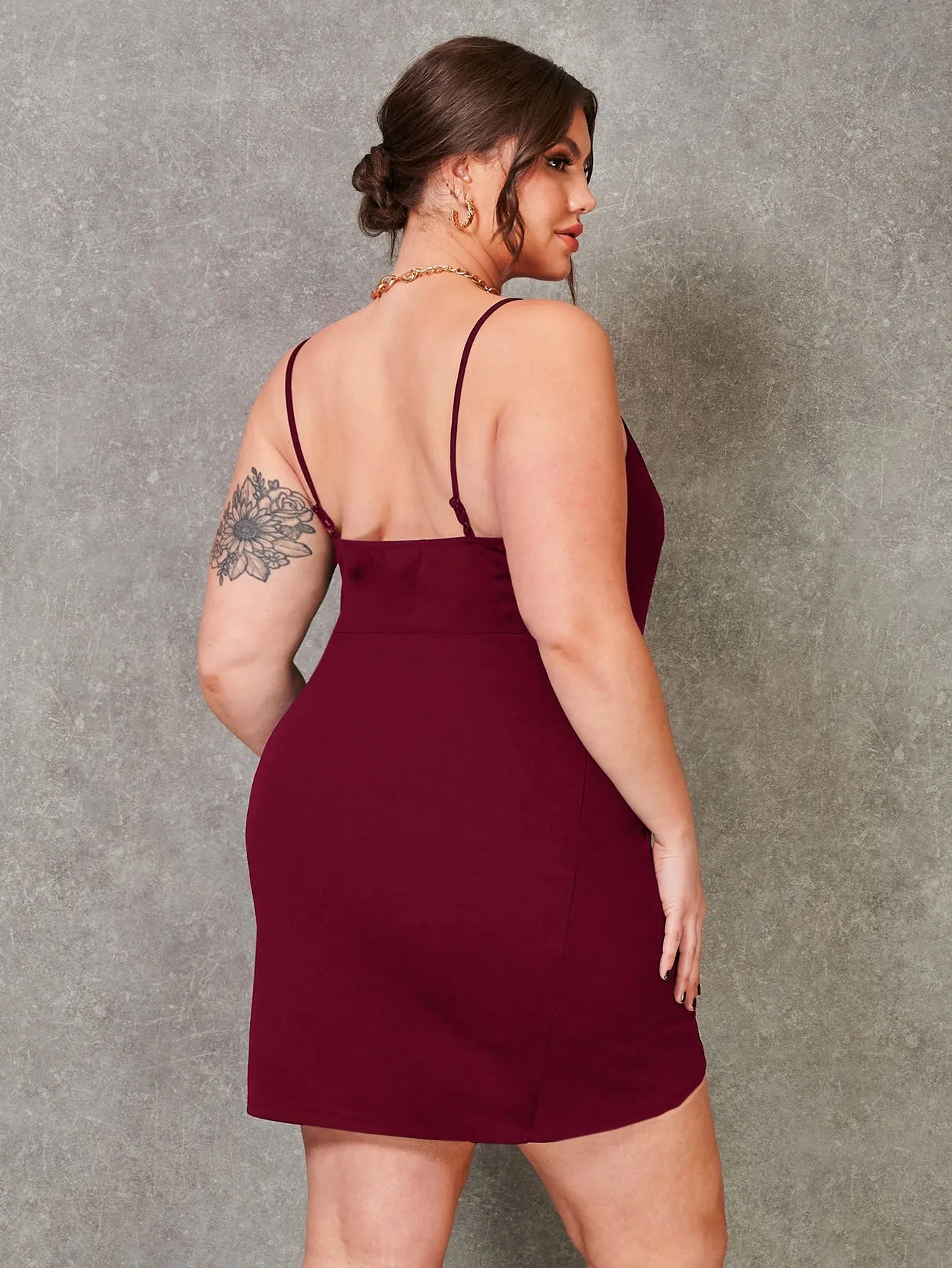 Elegant Plain Ruched Sleeveless Spaghetti Strap Asymmetrical High Waist Short Plus Size Dress