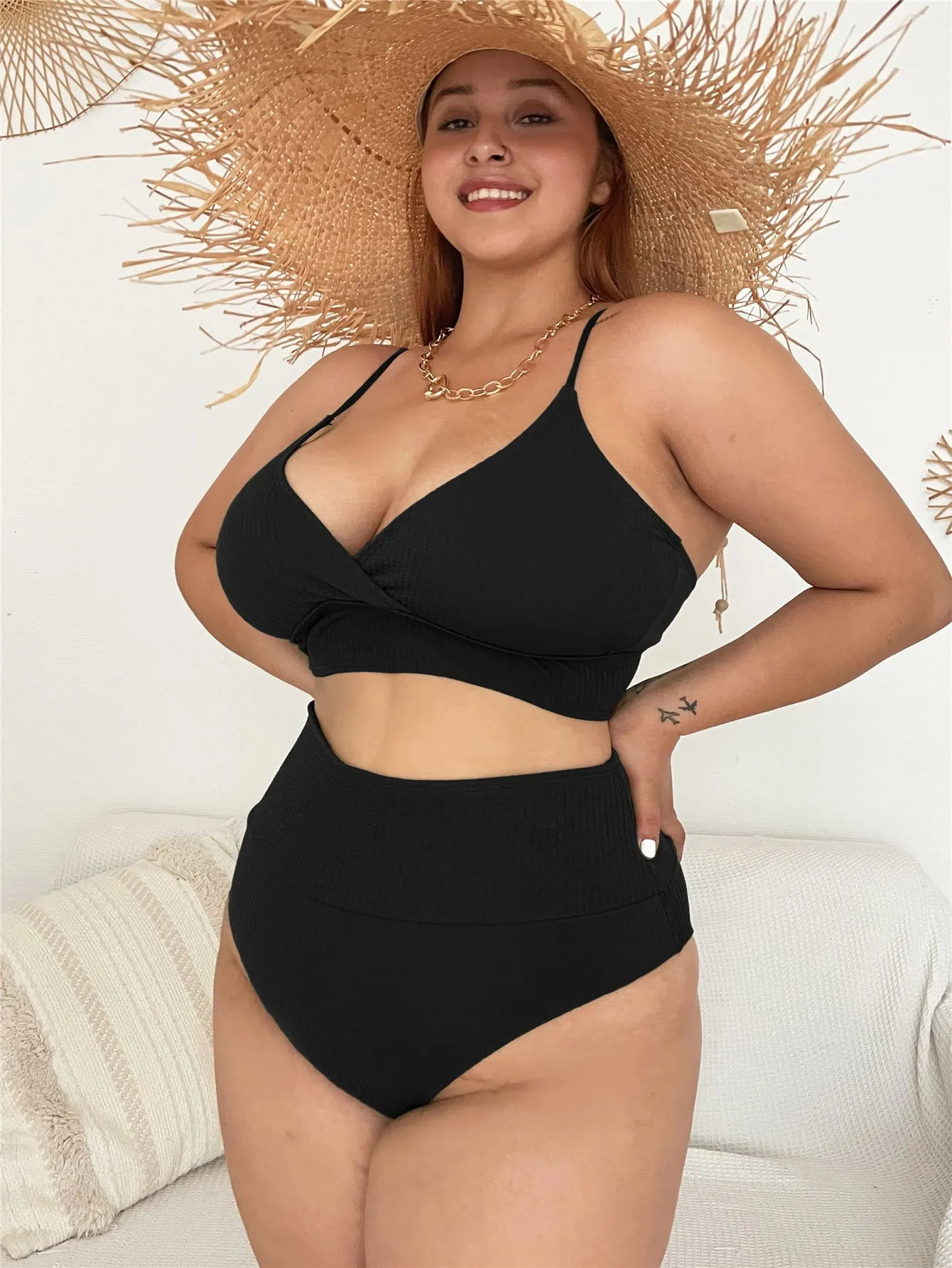 Elegant Plain Tie Back V Neck Plus Size Bikini Sets
