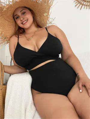 Elegant Plain Tie Back V Neck Plus Size Bikini Sets